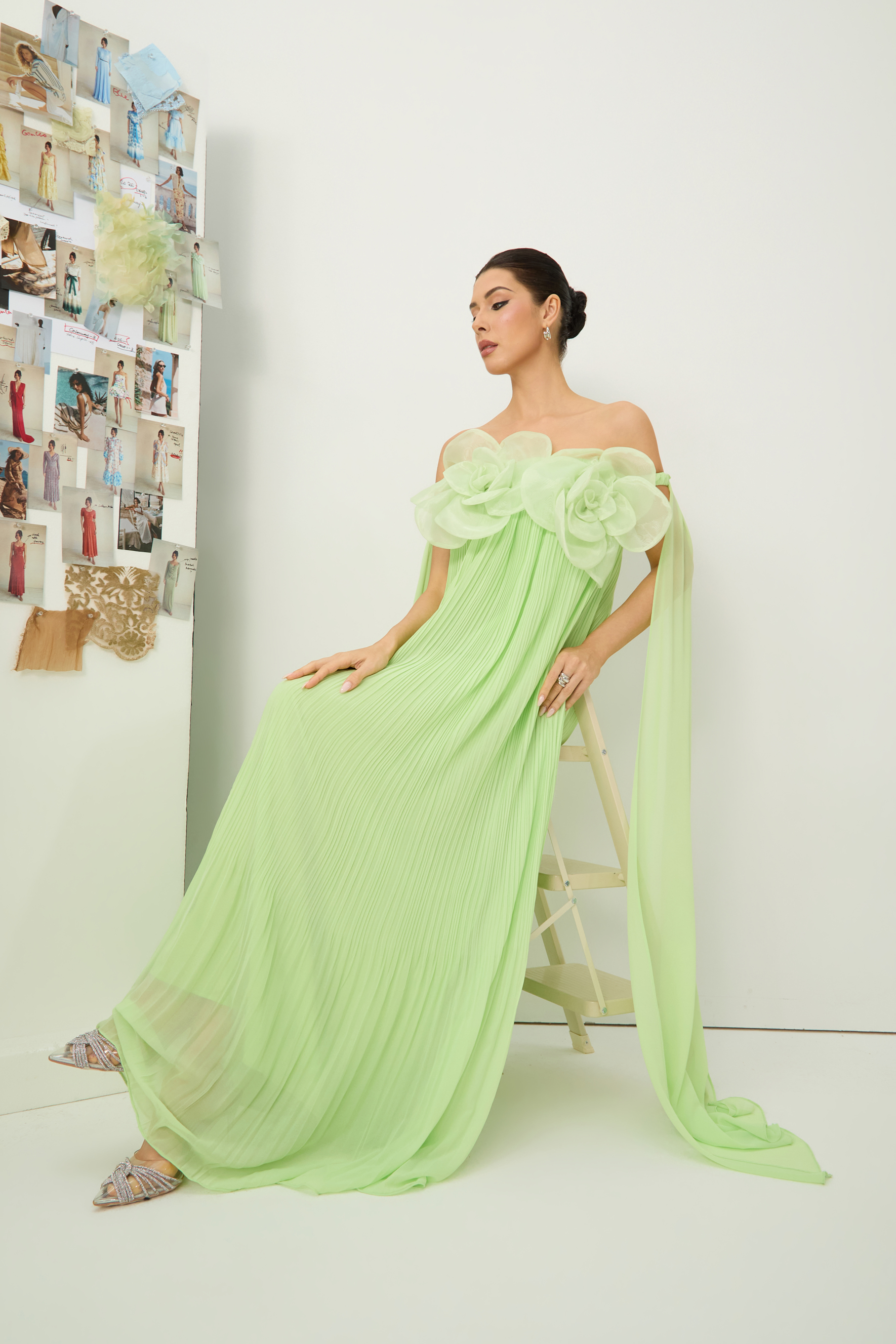 Your Only Darling Green Floral Applique Off Shoulder Maxi Dress