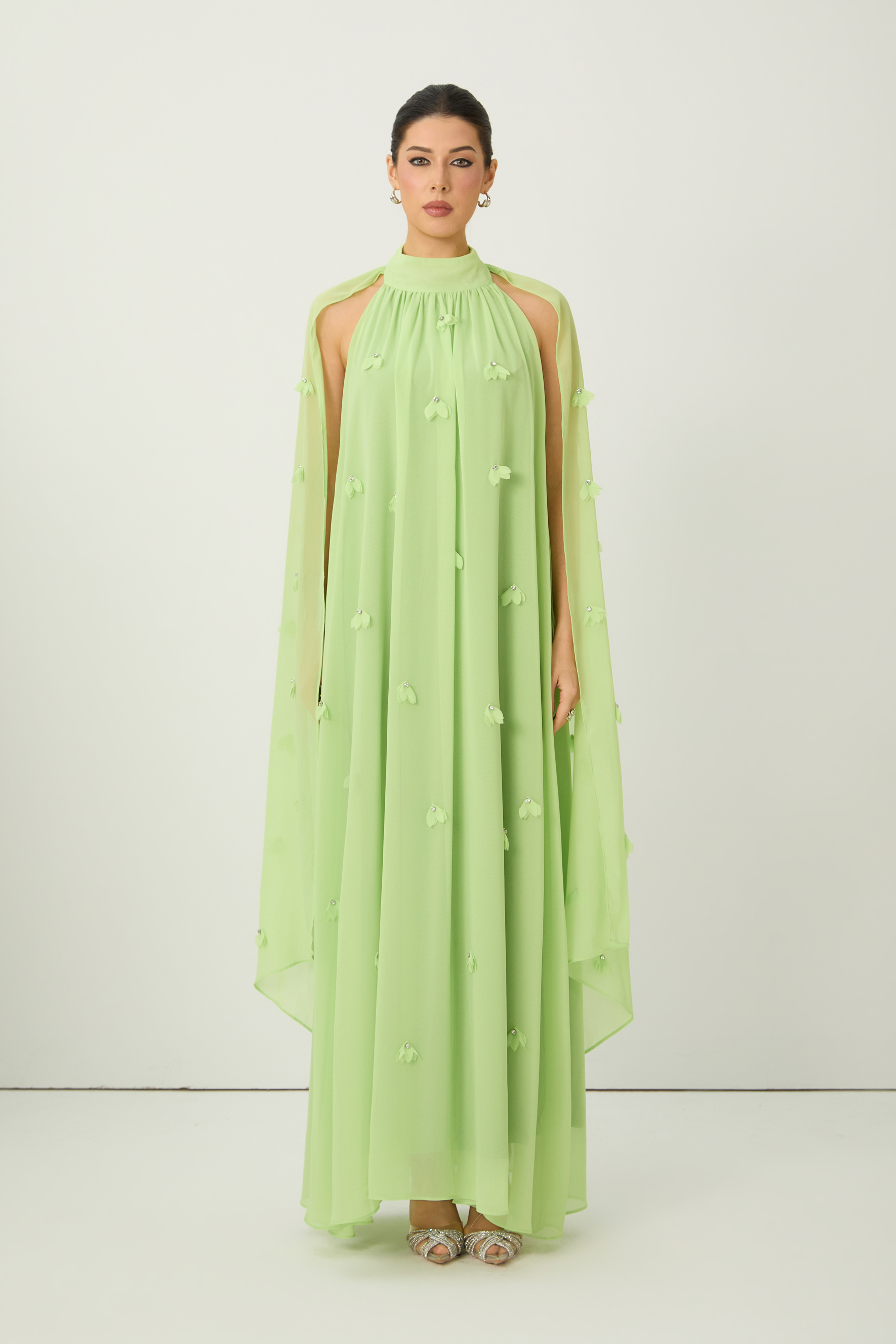Proof of Perfection Green Floral Applique Draped Cape Maxi Dress