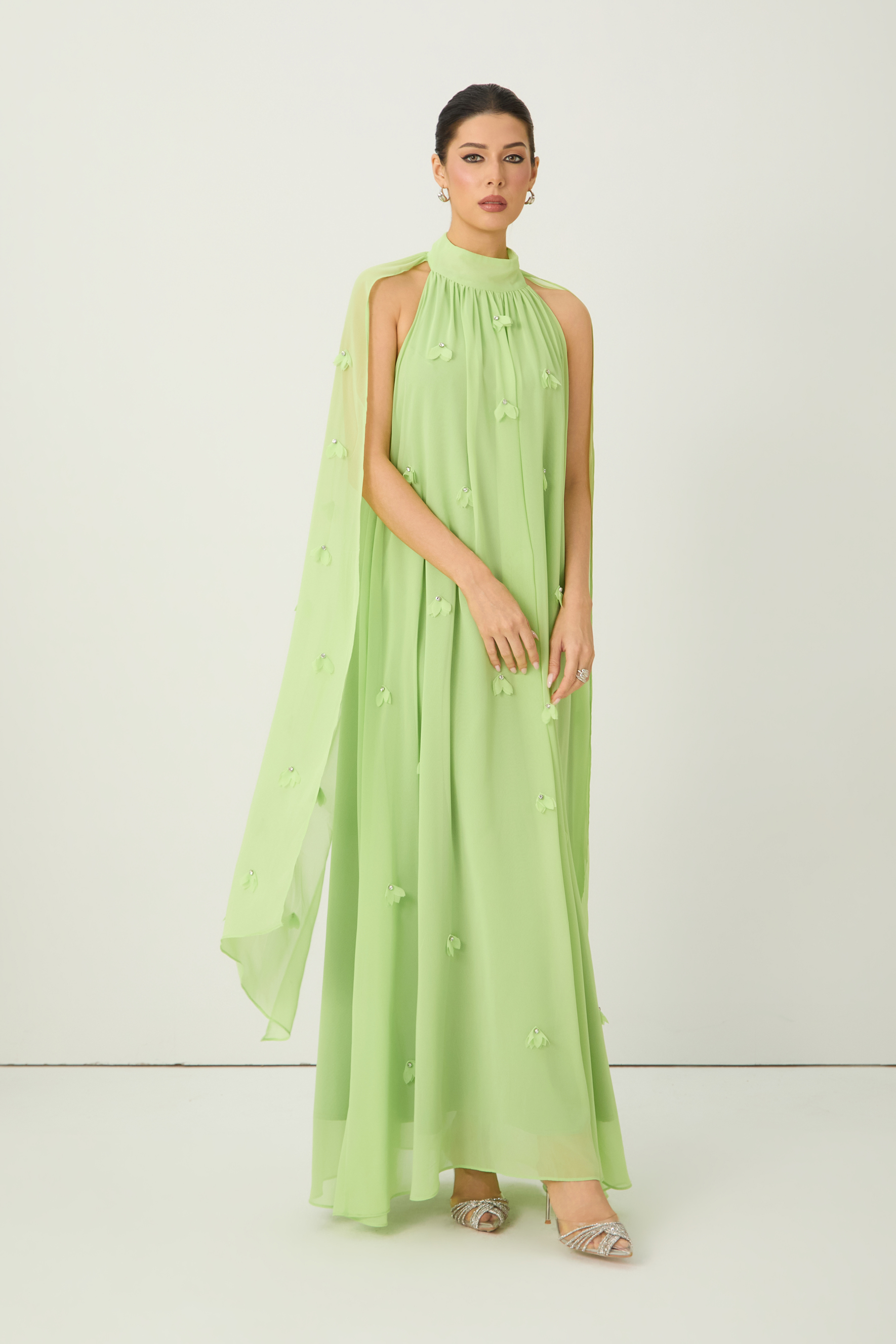 Proof of Perfection Green Floral Applique Draped Cape Maxi Dress