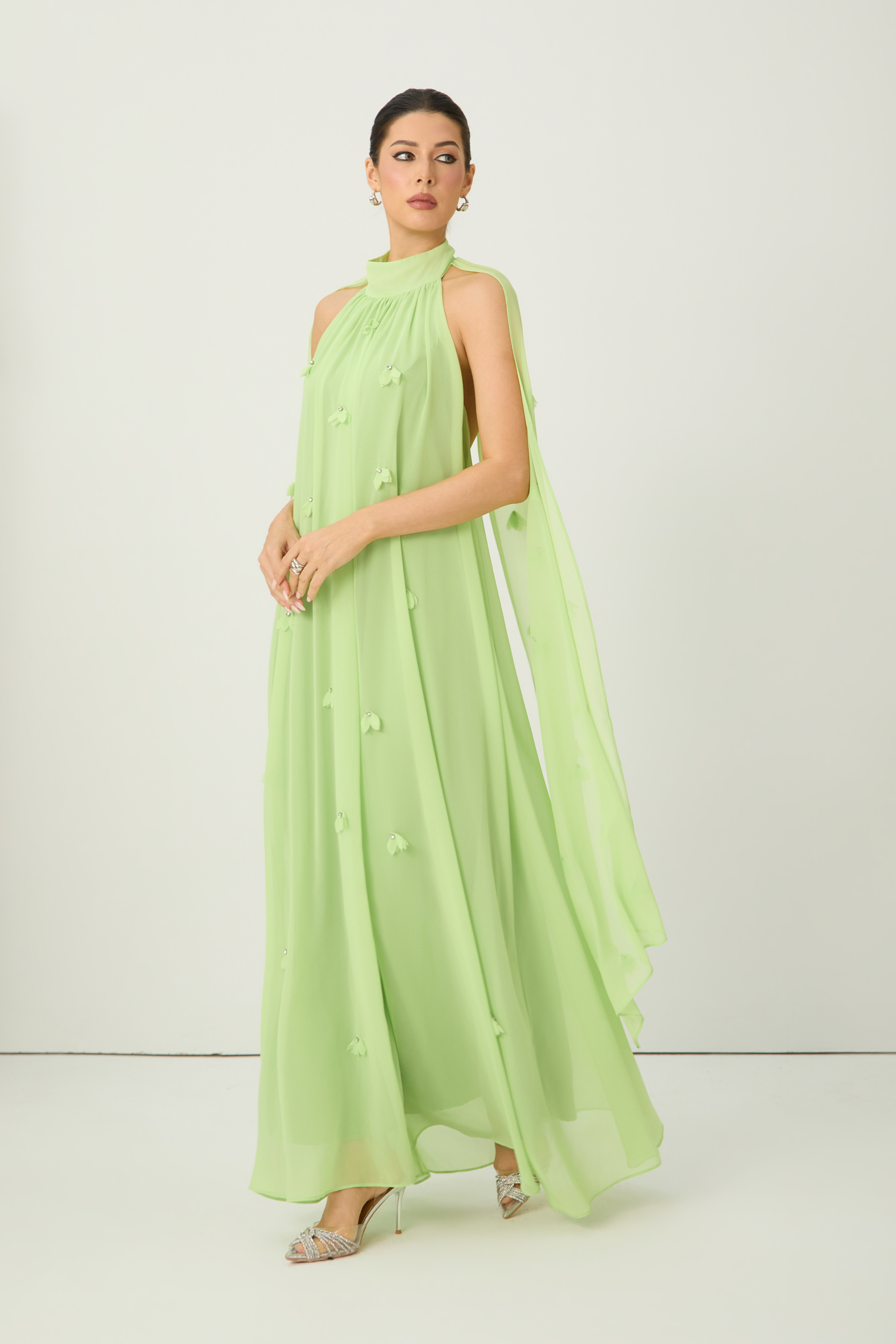 Proof of Perfection Green Floral Applique Draped Cape Maxi Dress
