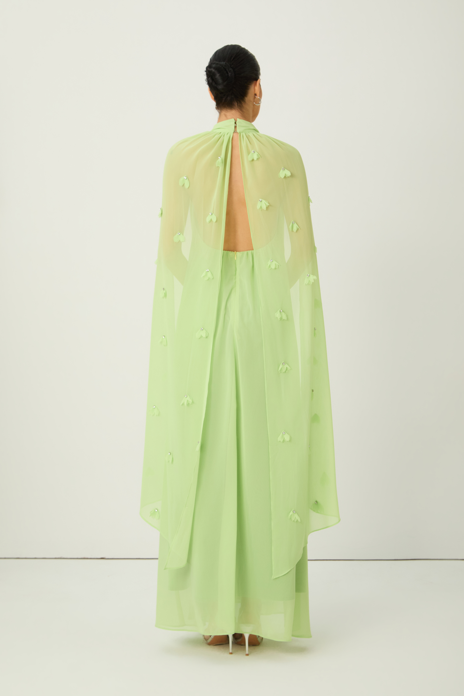 Proof of Perfection Green Floral Applique Draped Cape Maxi Dress