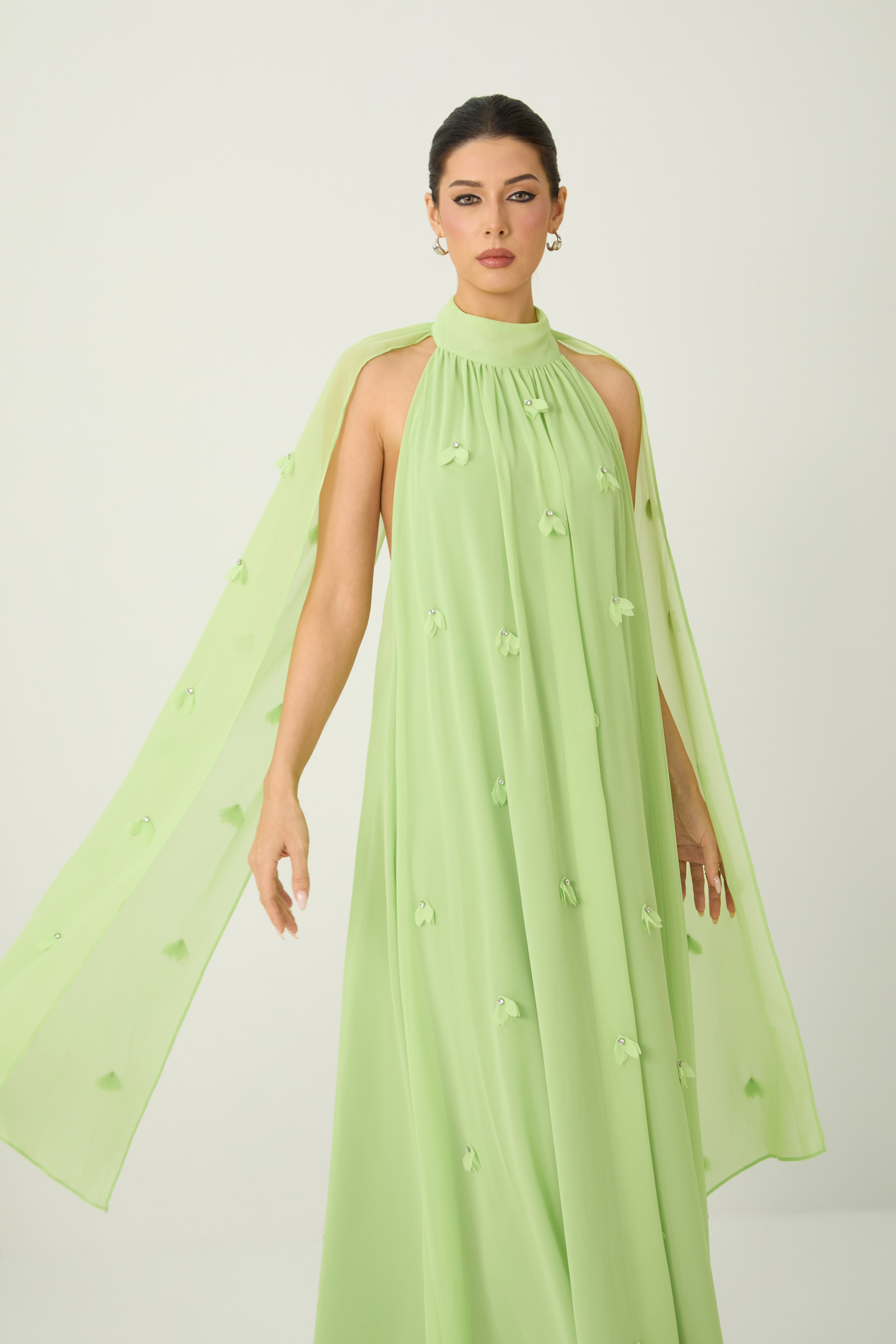 Proof of Perfection Green Floral Applique Draped Cape Maxi Dress