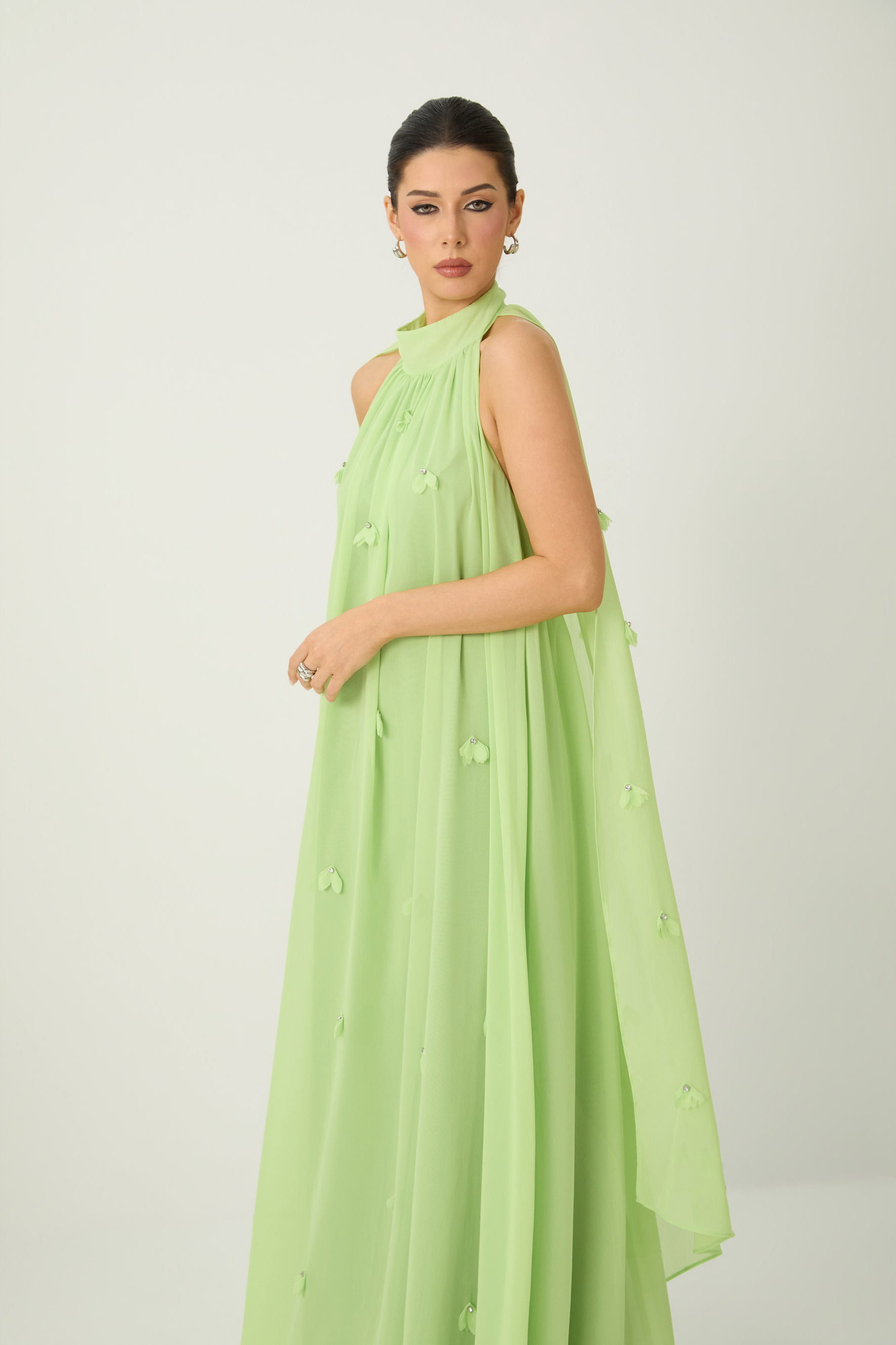 Proof of Perfection Green Floral Applique Draped Cape Maxi Dress