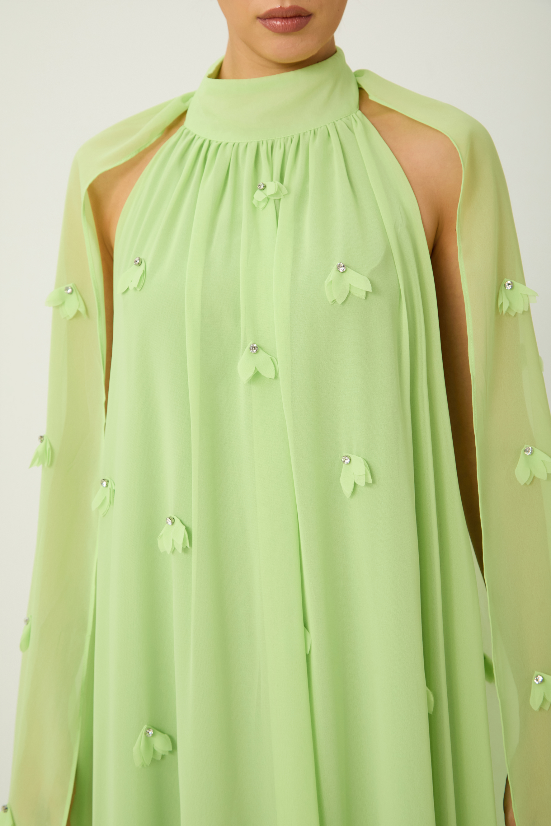 Proof of Perfection Green Floral Applique Draped Cape Maxi Dress