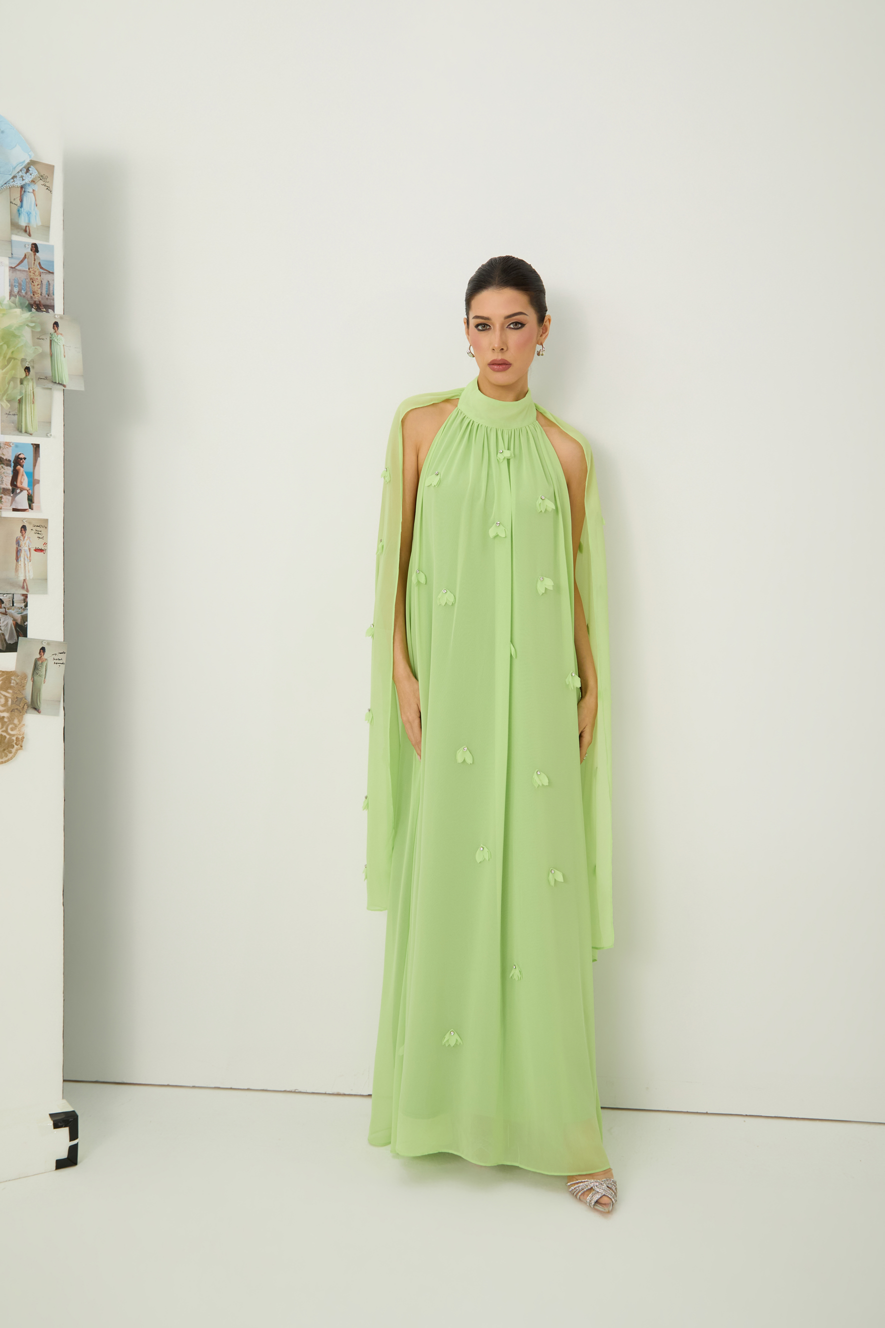 Proof of Perfection Green Floral Applique Draped Cape Maxi Dress