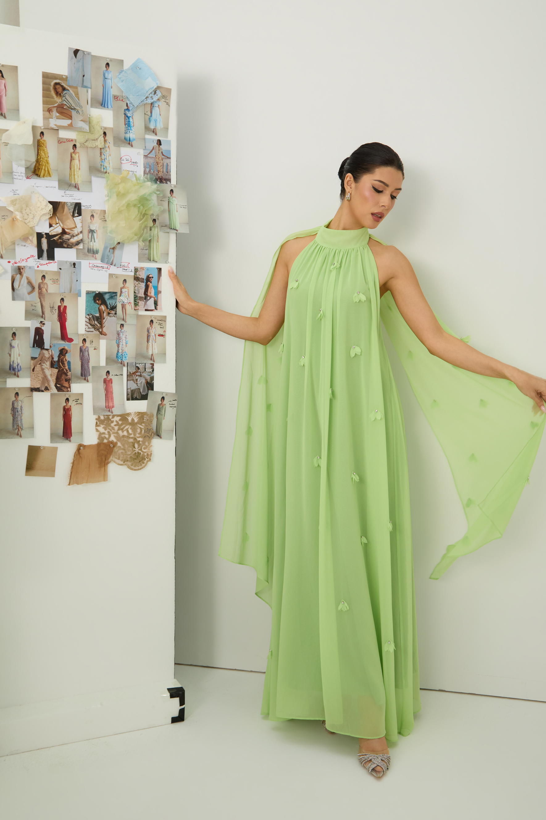 Proof of Perfection Green Floral Applique Draped Cape Maxi Dress