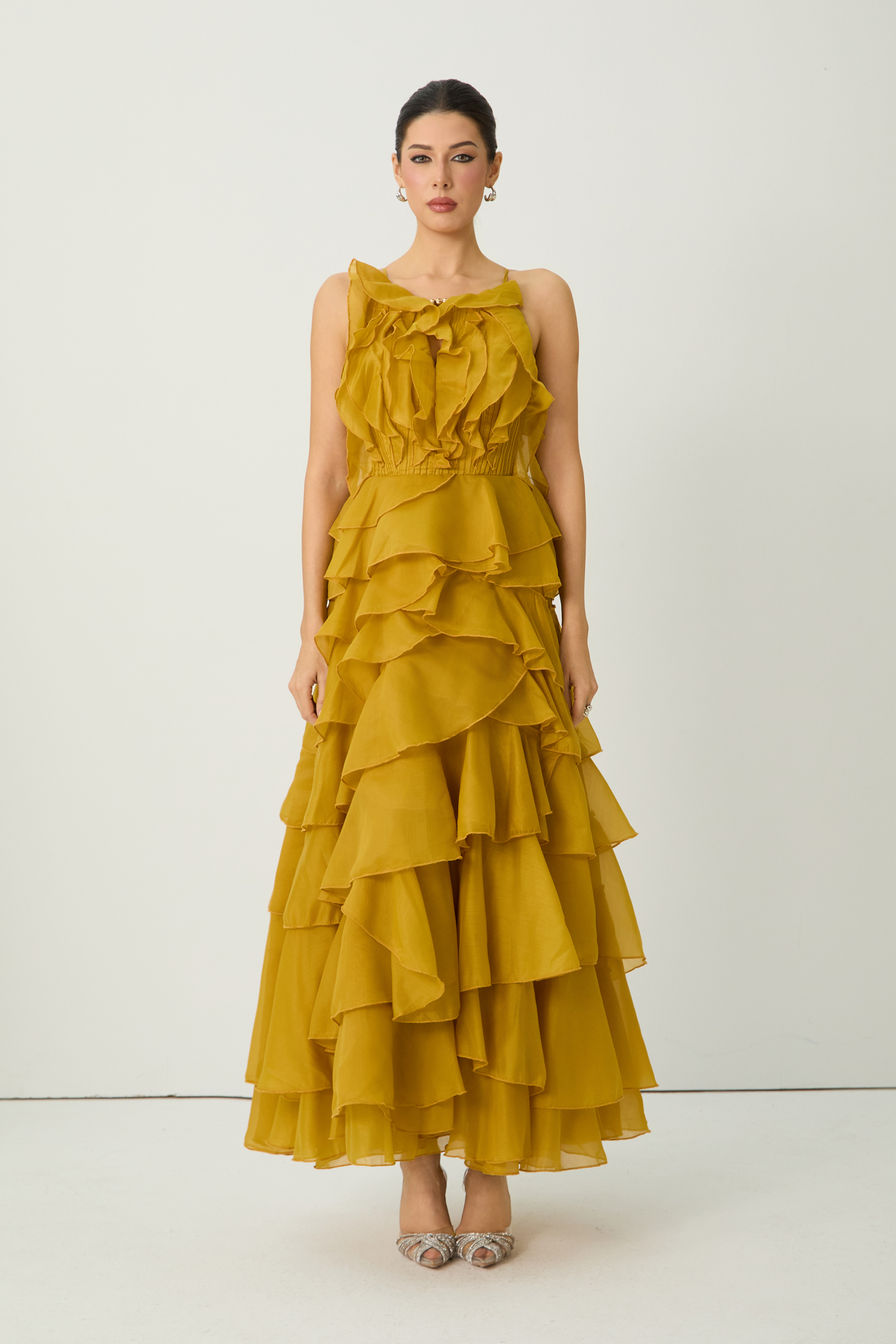 Celebration Time Mustard Yellow Spaghetti Strap Tiered Ruffle Maxi Dress