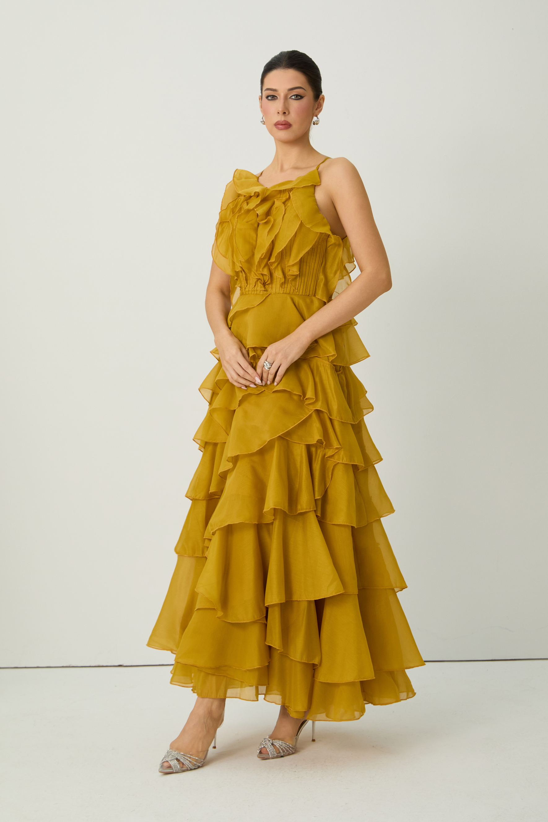 Celebration Time Mustard Yellow Spaghetti Strap Tiered Ruffle Maxi Dress