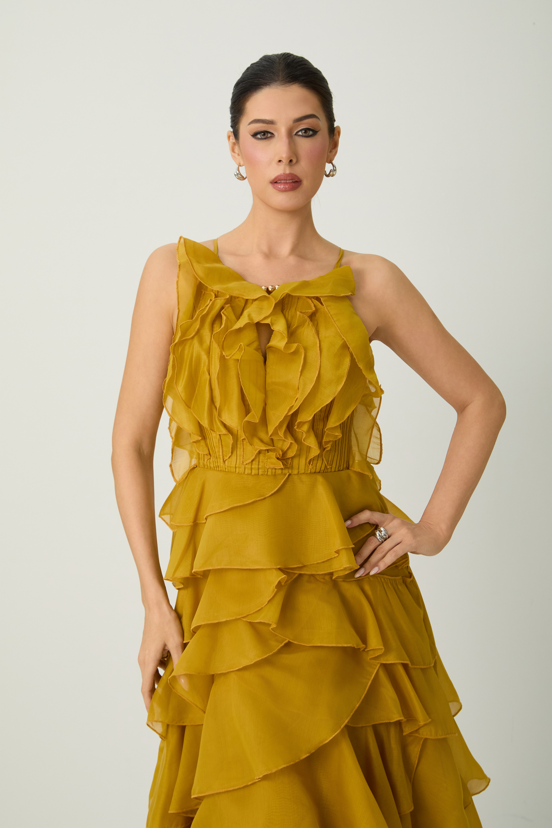 Celebration Time Mustard Yellow Spaghetti Strap Tiered Ruffle Maxi Dress