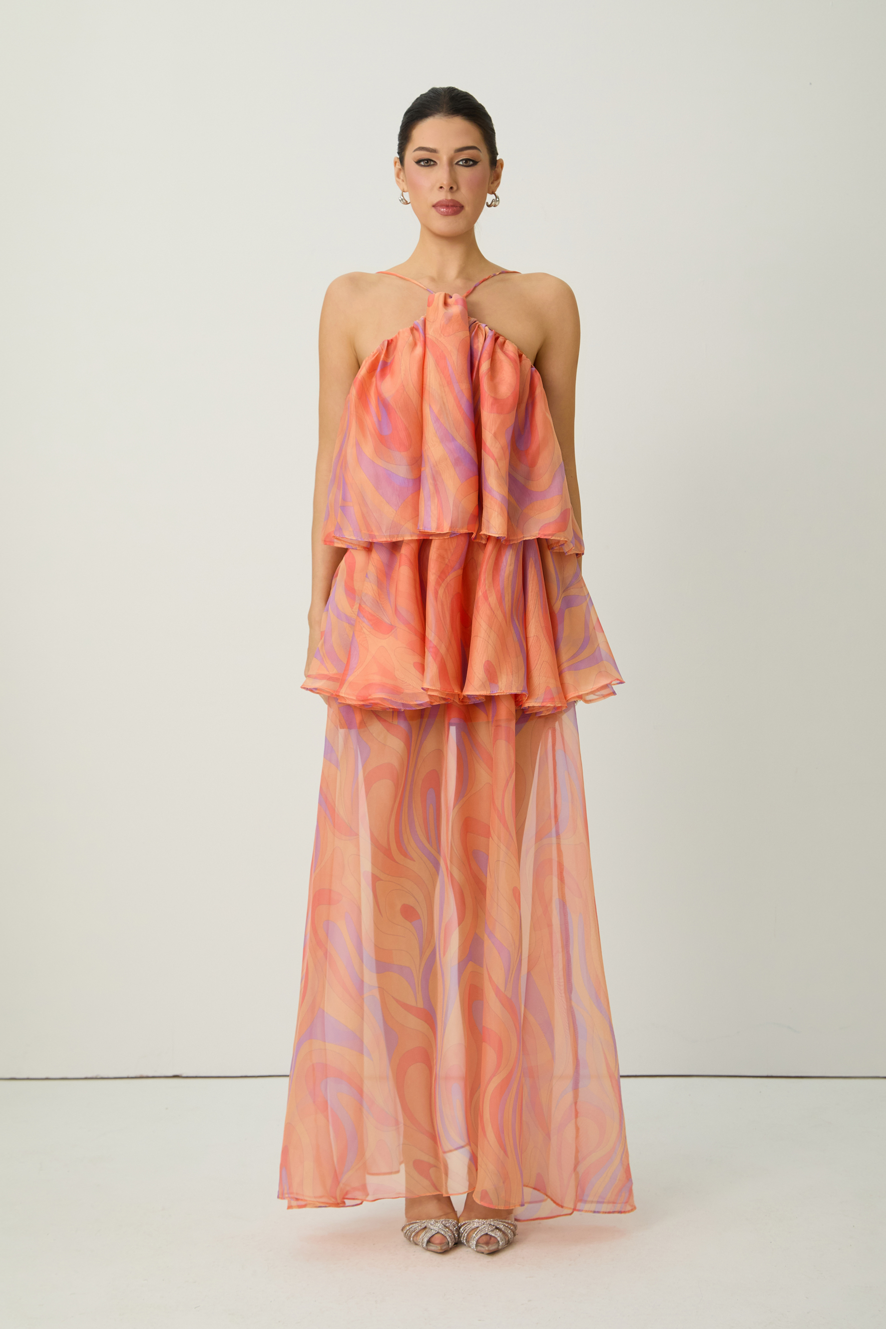 Sweet Sophistication Coral Abstract Print Halter Maxi Dress