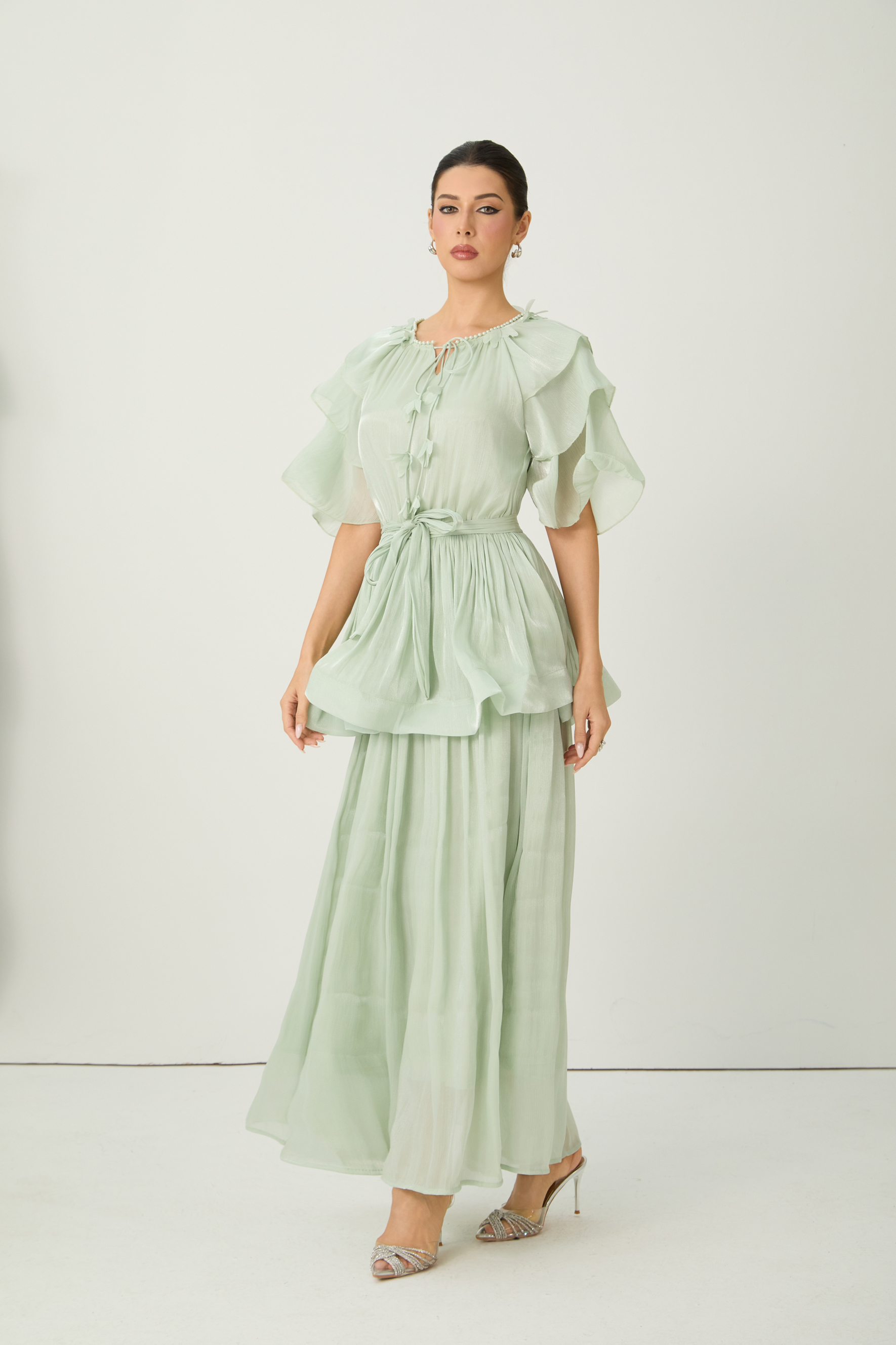 Vibes On Point Green Ruffle Sleeve Tie Neck Maxi Dress