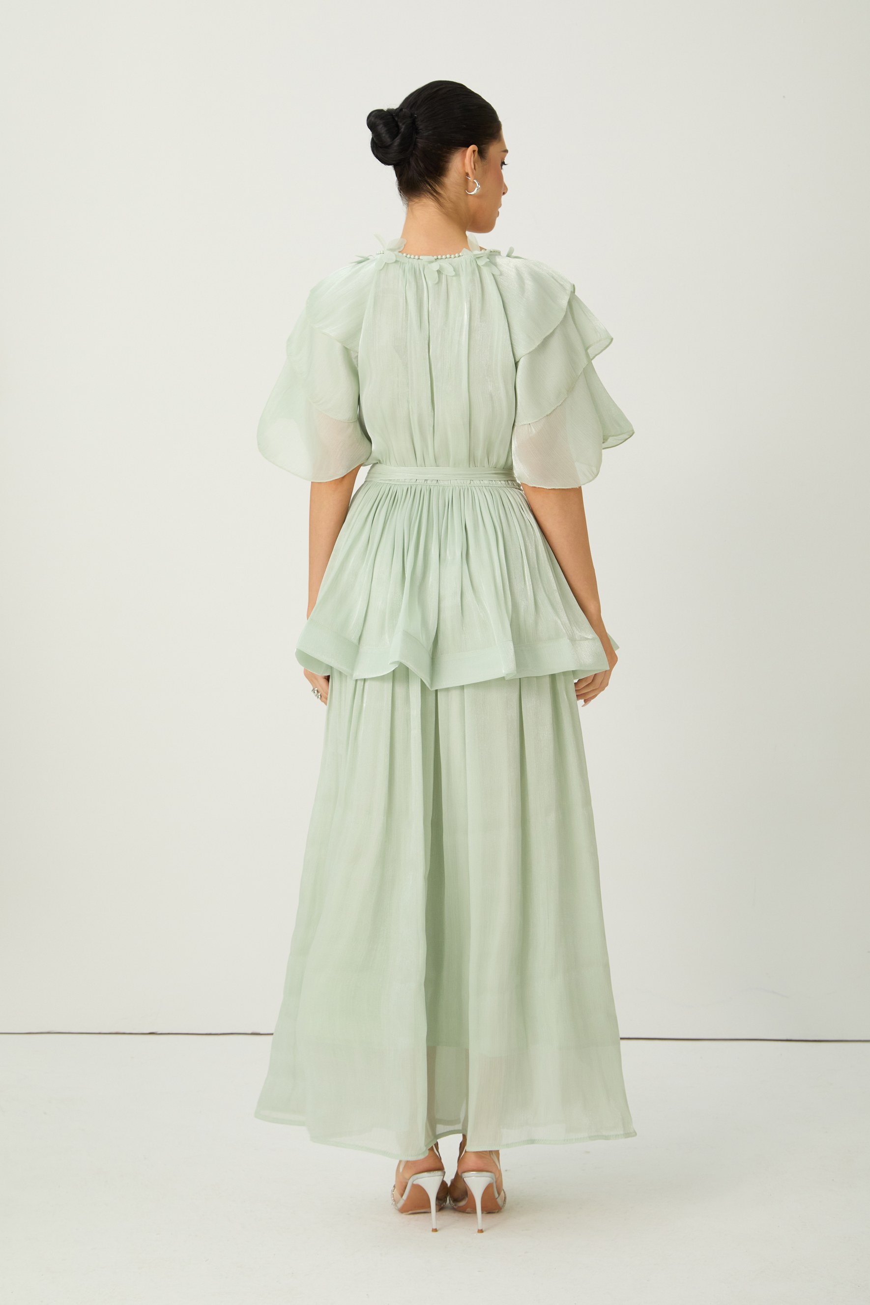 Vibes On Point Green Ruffle Sleeve Tie Neck Maxi Dress