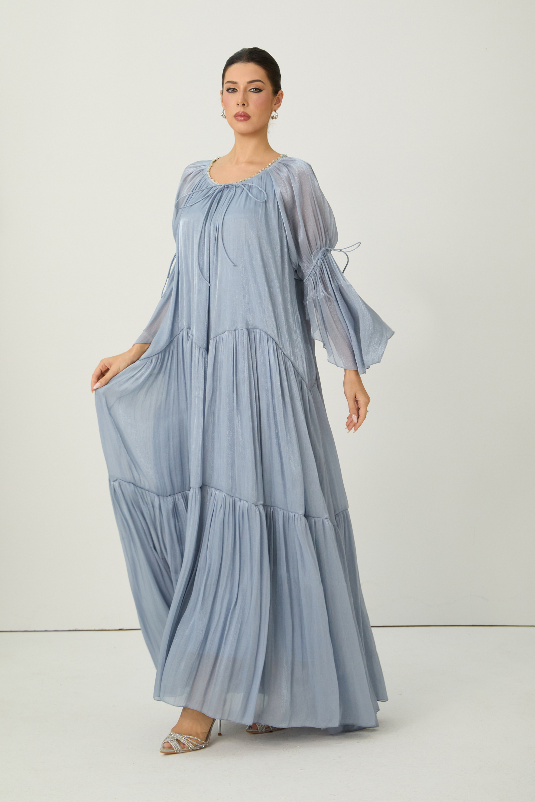 Remarkable Arrival Blue Ruffle Sleeve Ruffle Maxi Dress