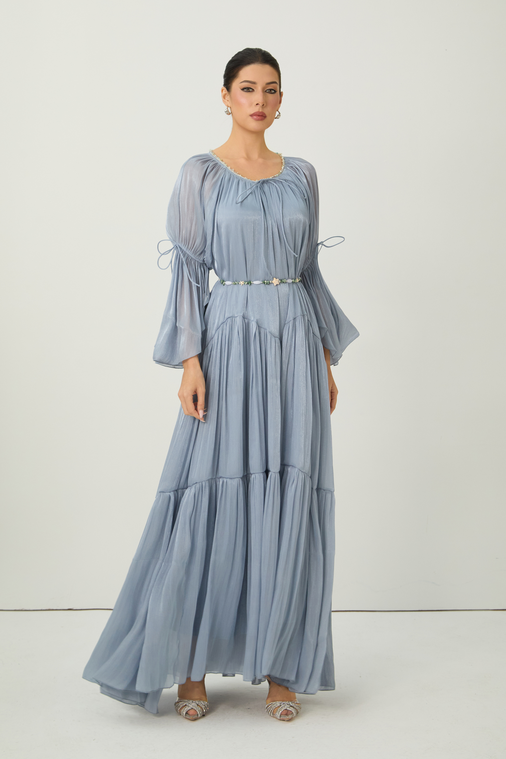 Remarkable Arrival Blue Ruffle Sleeve Ruffle Maxi Dress