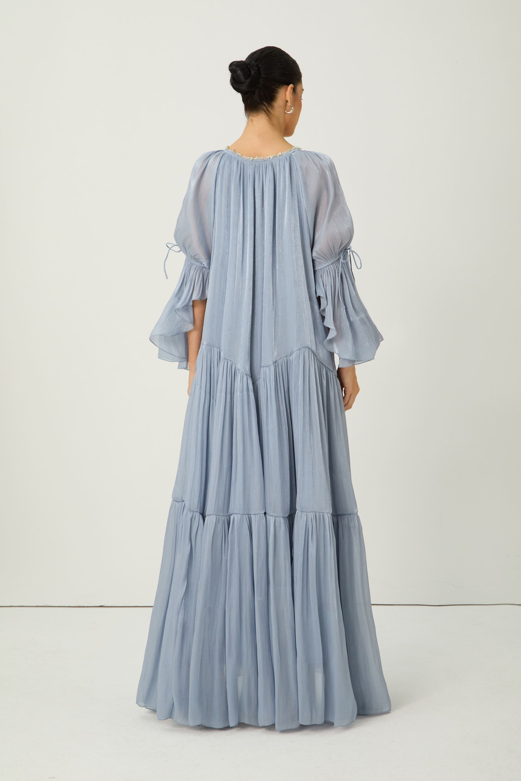Remarkable Arrival Blue Ruffle Sleeve Ruffle Maxi Dress