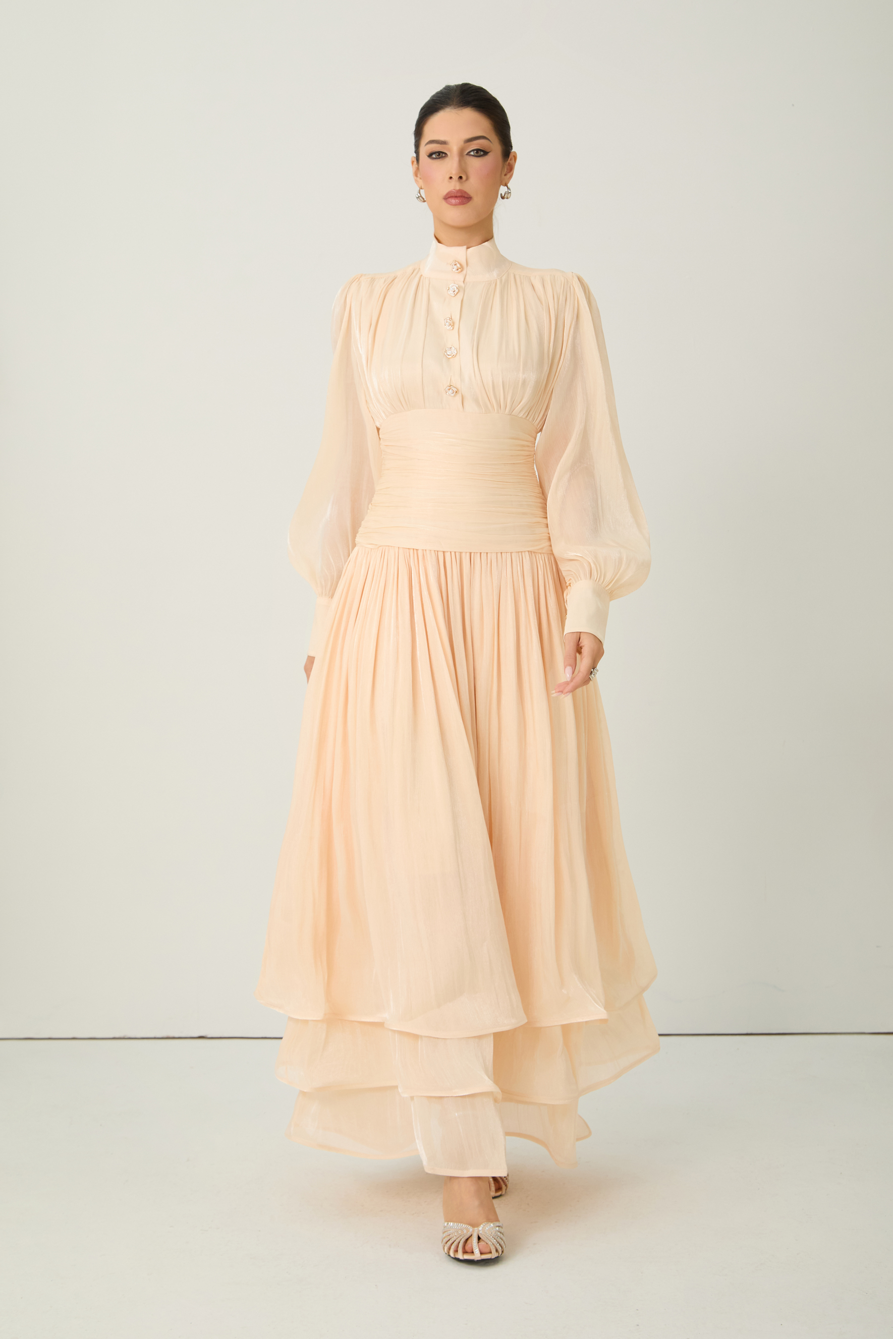 Divine Beauty Apricot High Neck Pleated Maxi Dress