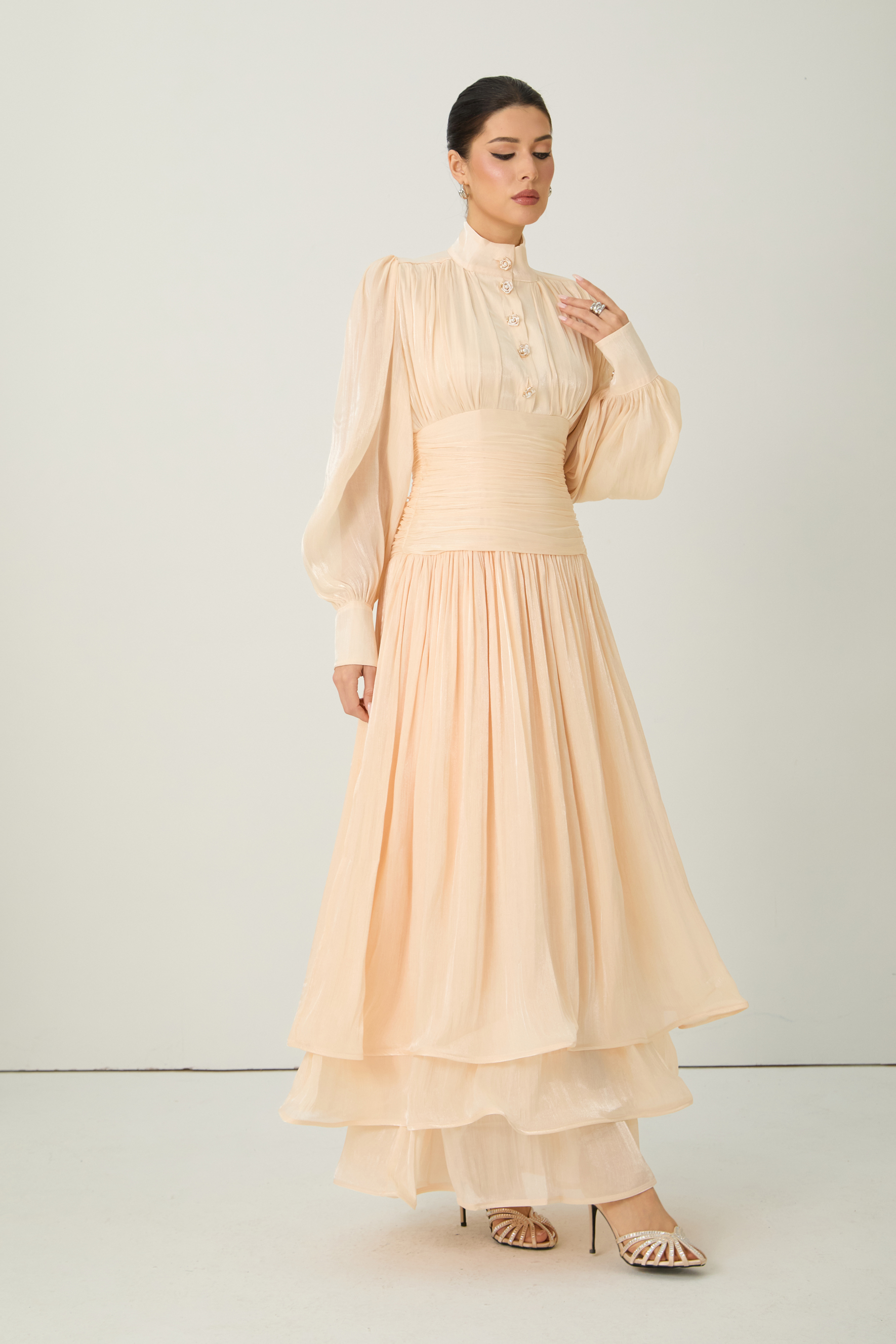 Divine Beauty Apricot High Neck Pleated Maxi Dress