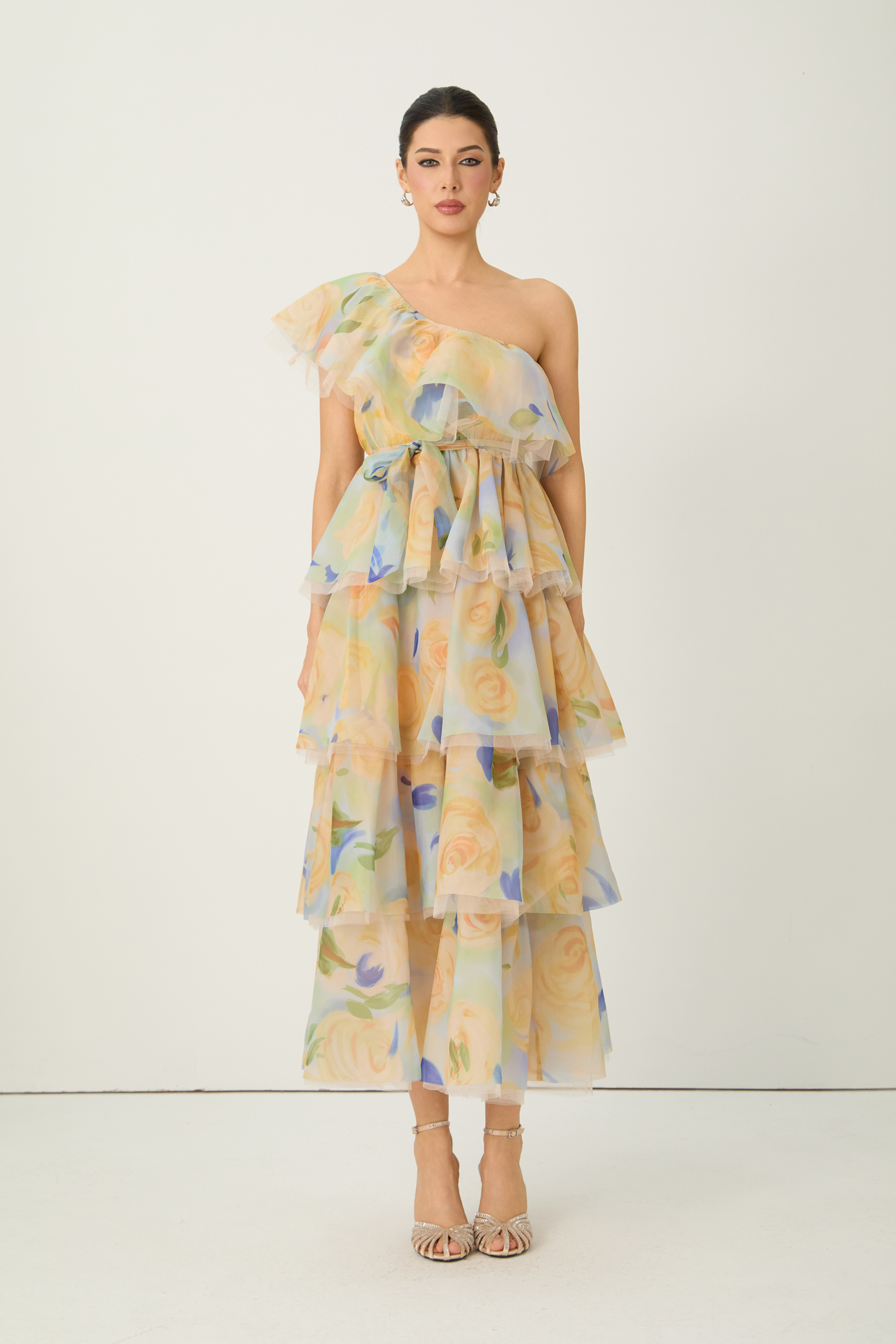Favorite Icon Yellow Floral Print One Shoulder Maxi Dress