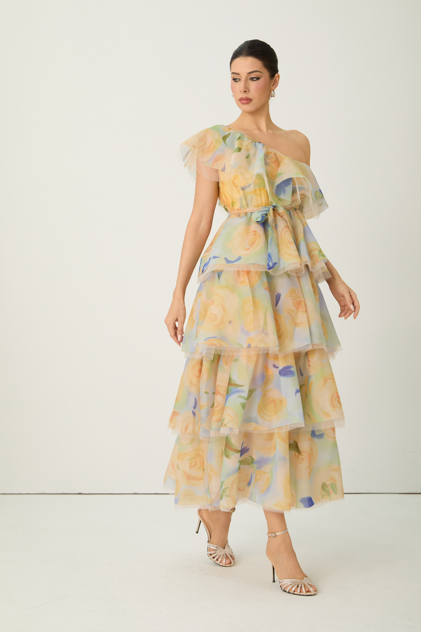 Favorite Icon Yellow Floral Print One Shoulder Maxi Dress