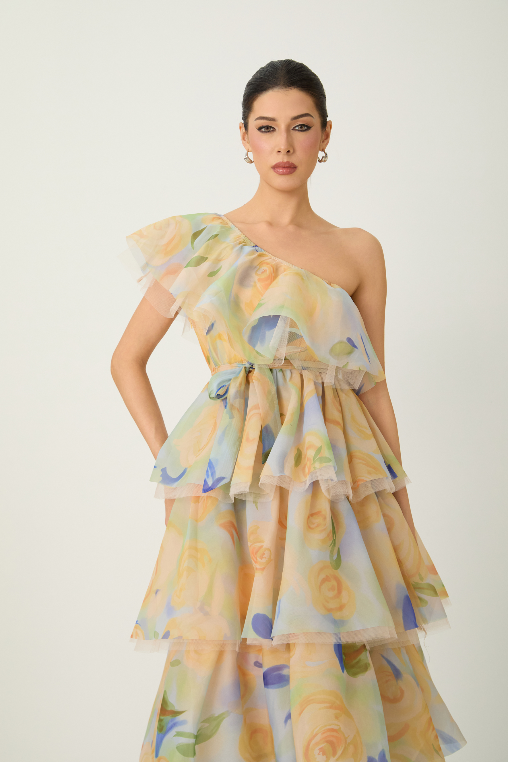 Favorite Icon Yellow Floral Print One Shoulder Maxi Dress