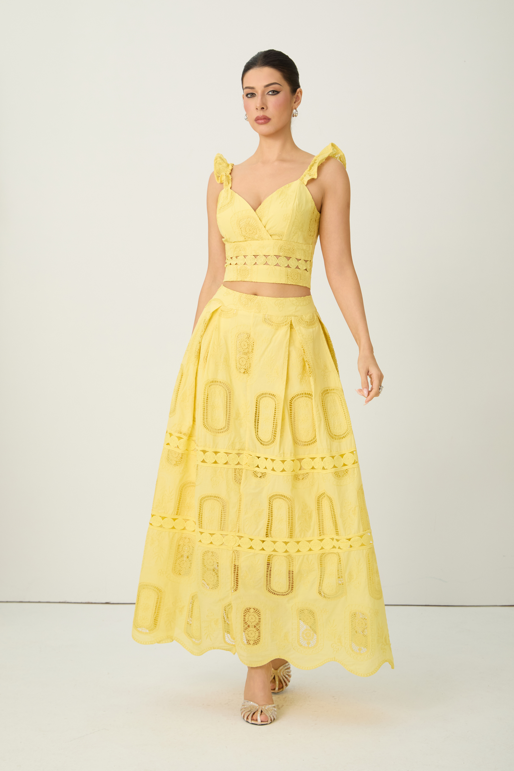 Bright Season Yellow Embroidered Lace Ruffle Top & Skirt Set