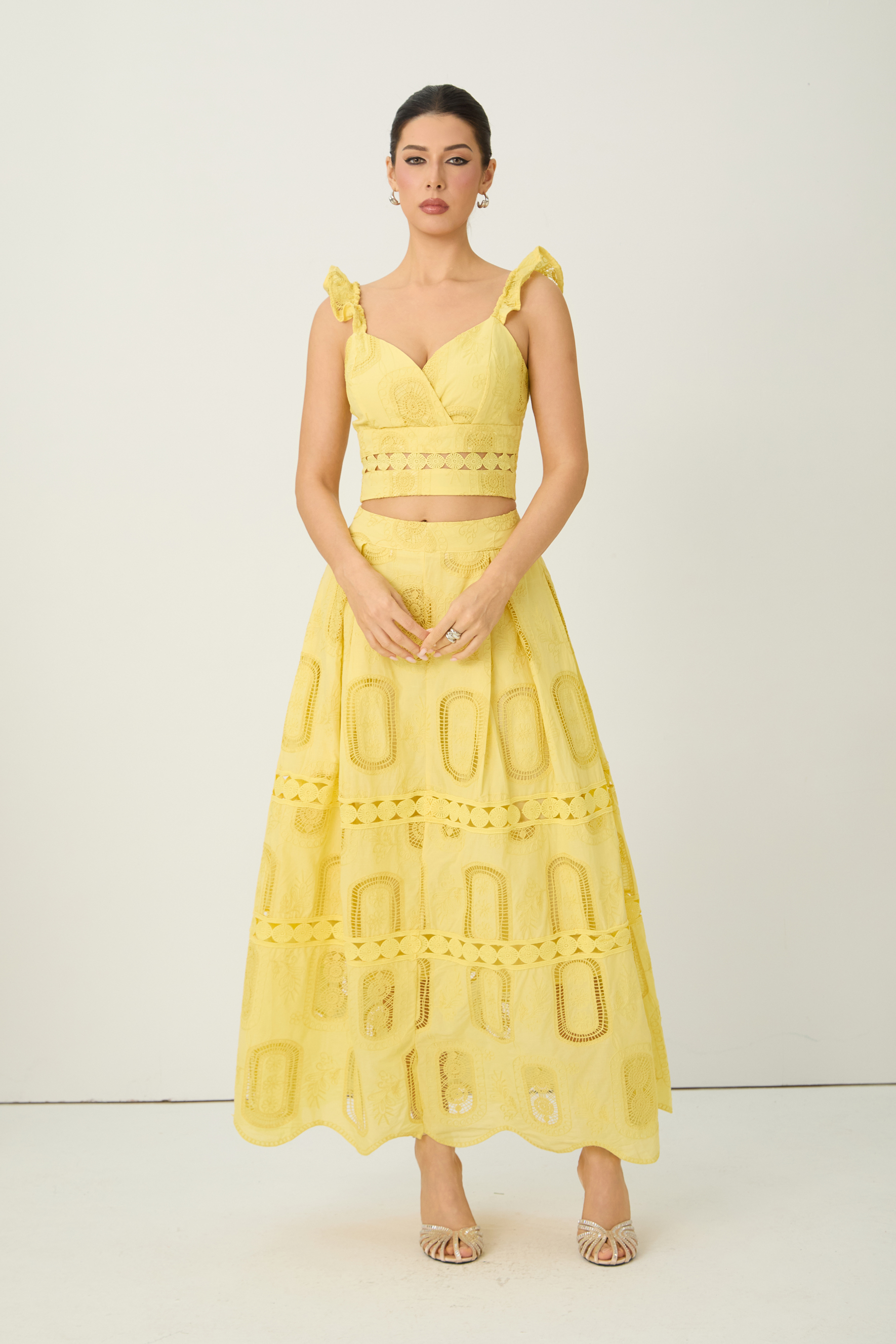 Bright Season Yellow Embroidered Lace Ruffle Top & Skirt Set