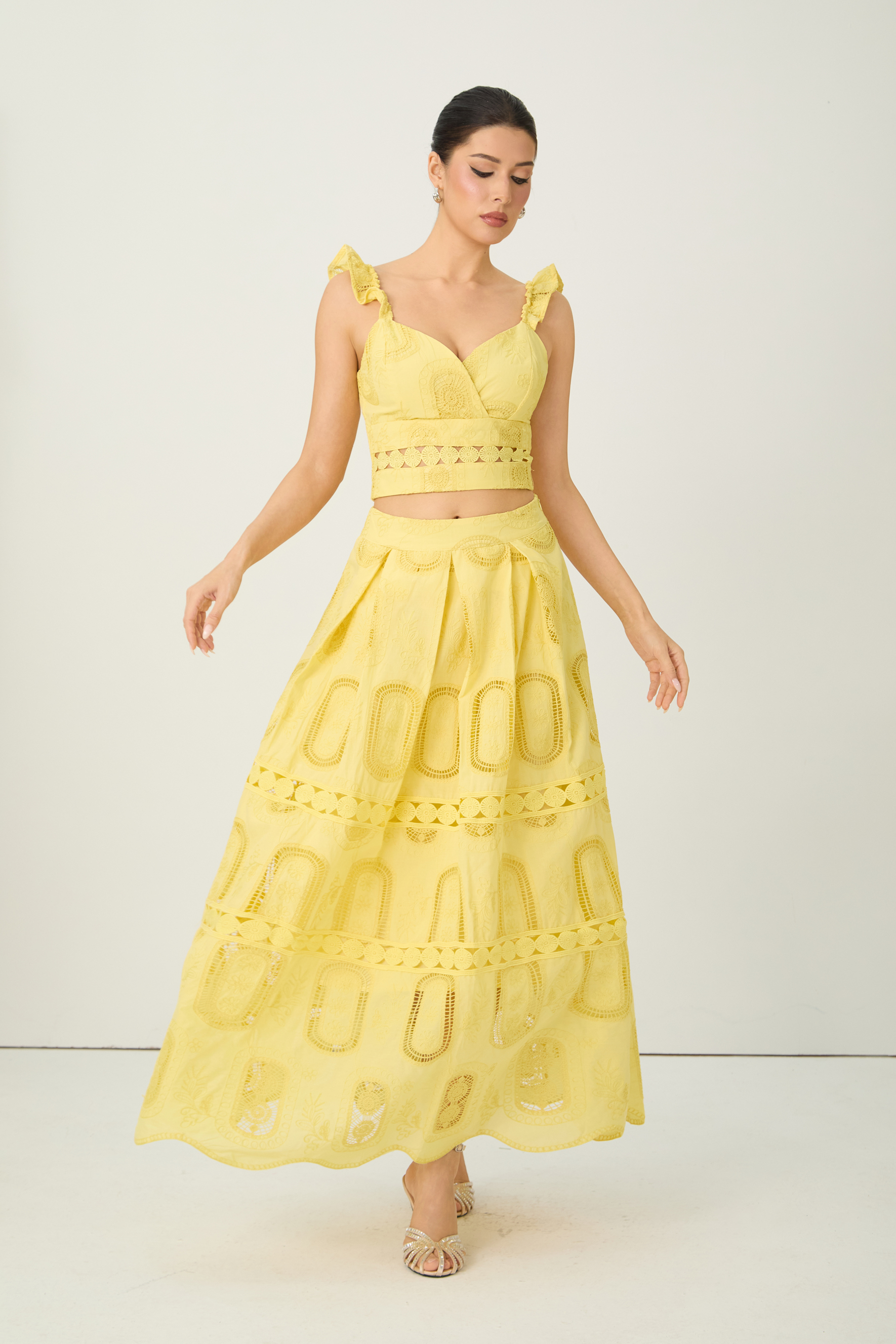 Bright Season Yellow Embroidered Lace Ruffle Top & Skirt Set