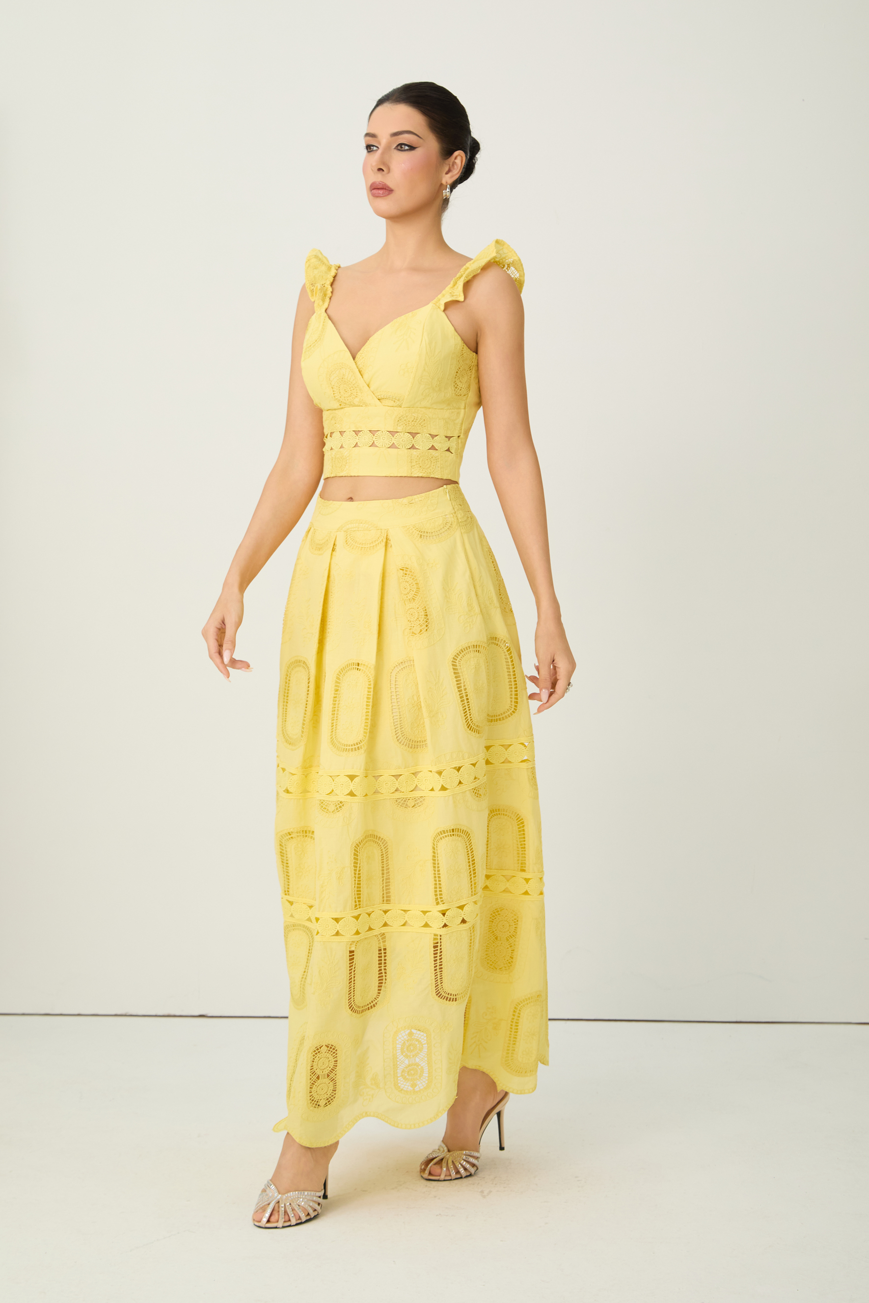 Bright Season Yellow Embroidered Lace Ruffle Top & Skirt Set