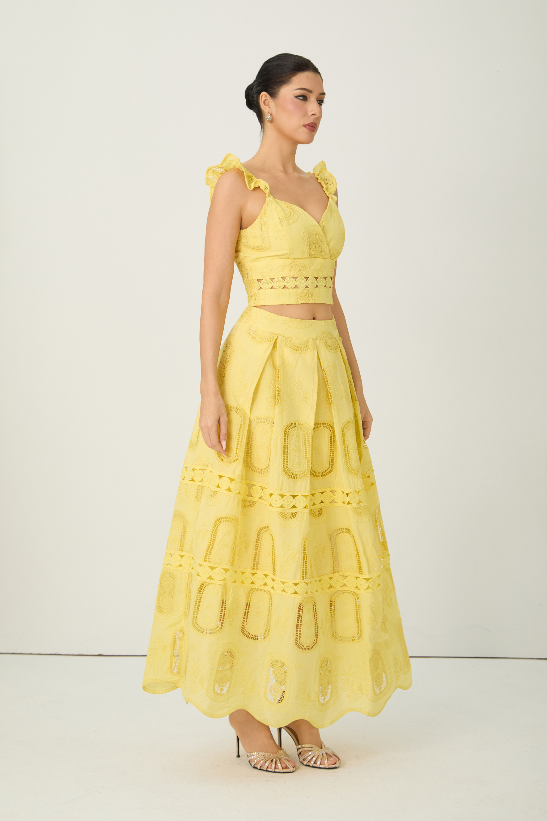 Bright Season Yellow Embroidered Lace Ruffle Top & Skirt Set