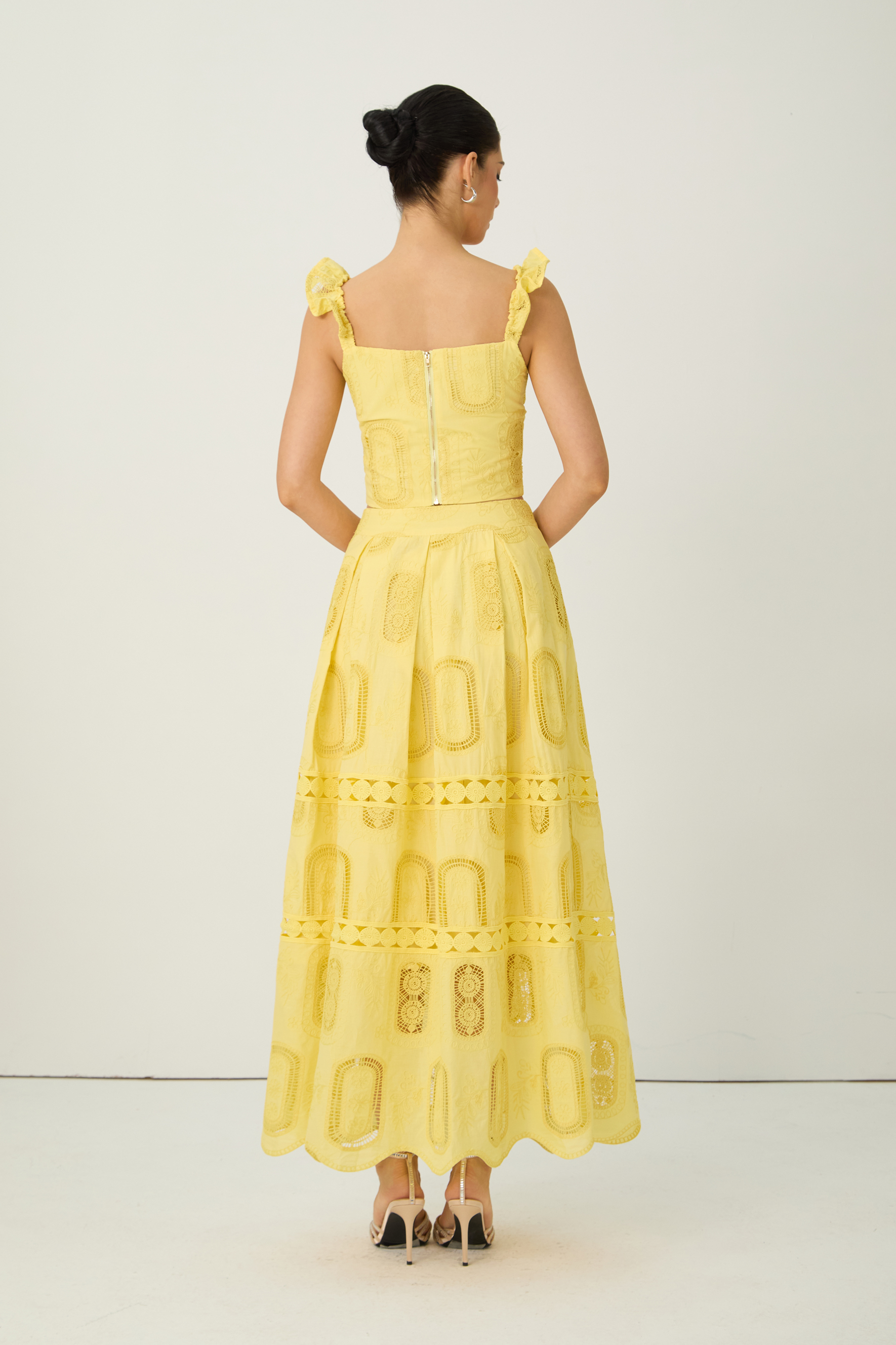Bright Season Yellow Embroidered Lace Ruffle Top & Skirt Set