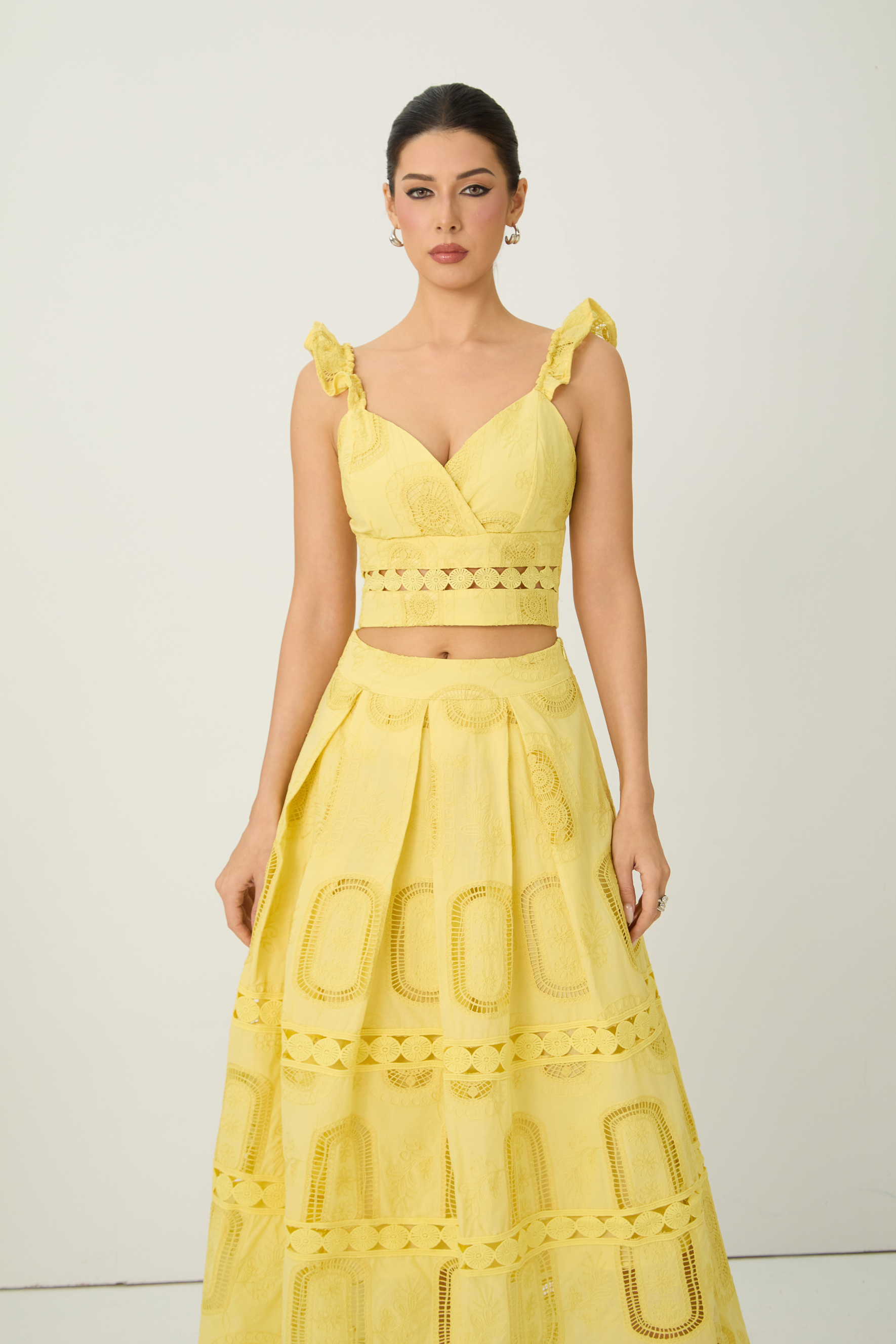 Bright Season Yellow Embroidered Lace Ruffle Top & Skirt Set