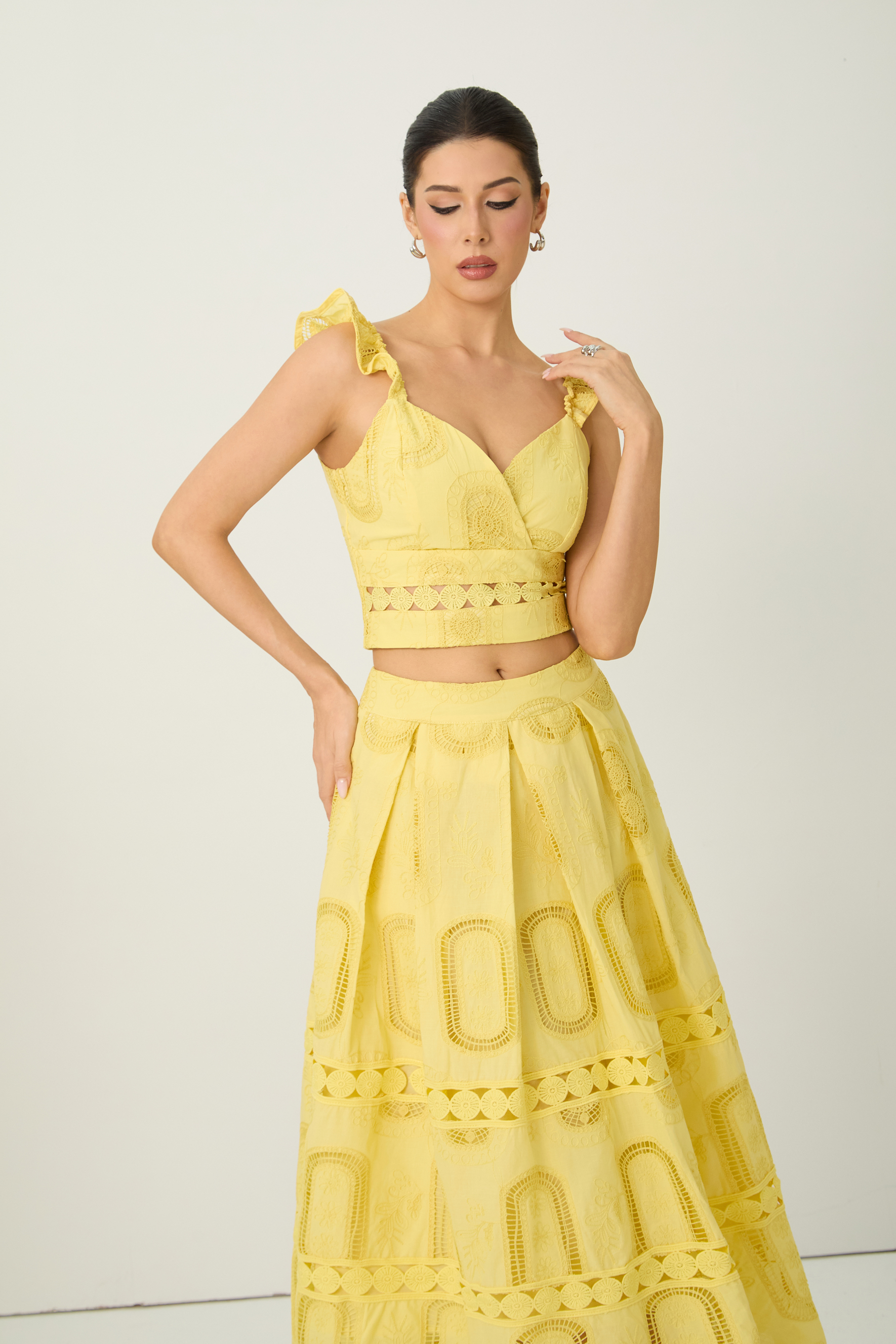 Bright Season Yellow Embroidered Lace Ruffle Top & Skirt Set