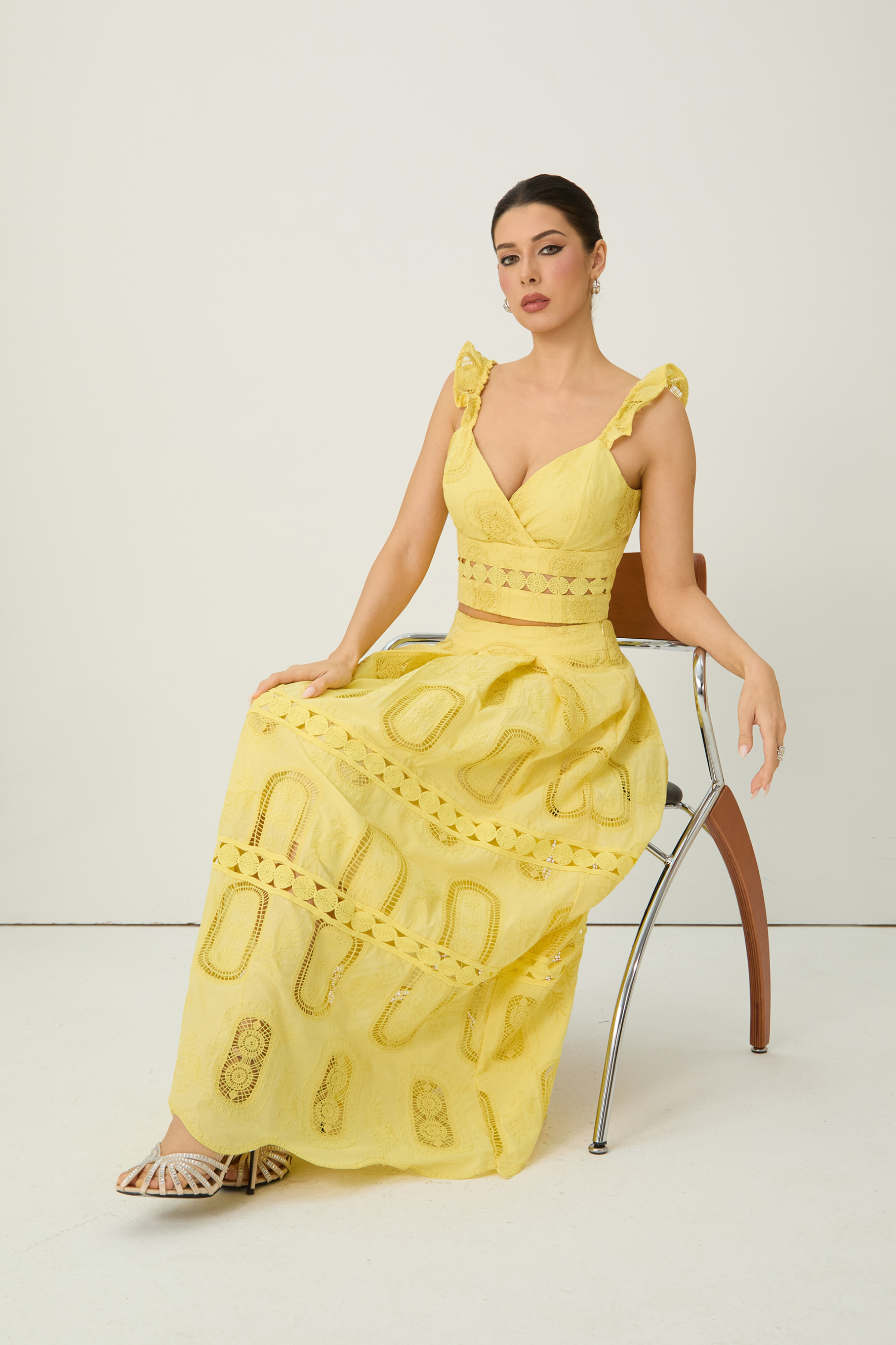 Bright Season Yellow Embroidered Lace Ruffle Top & Skirt Set