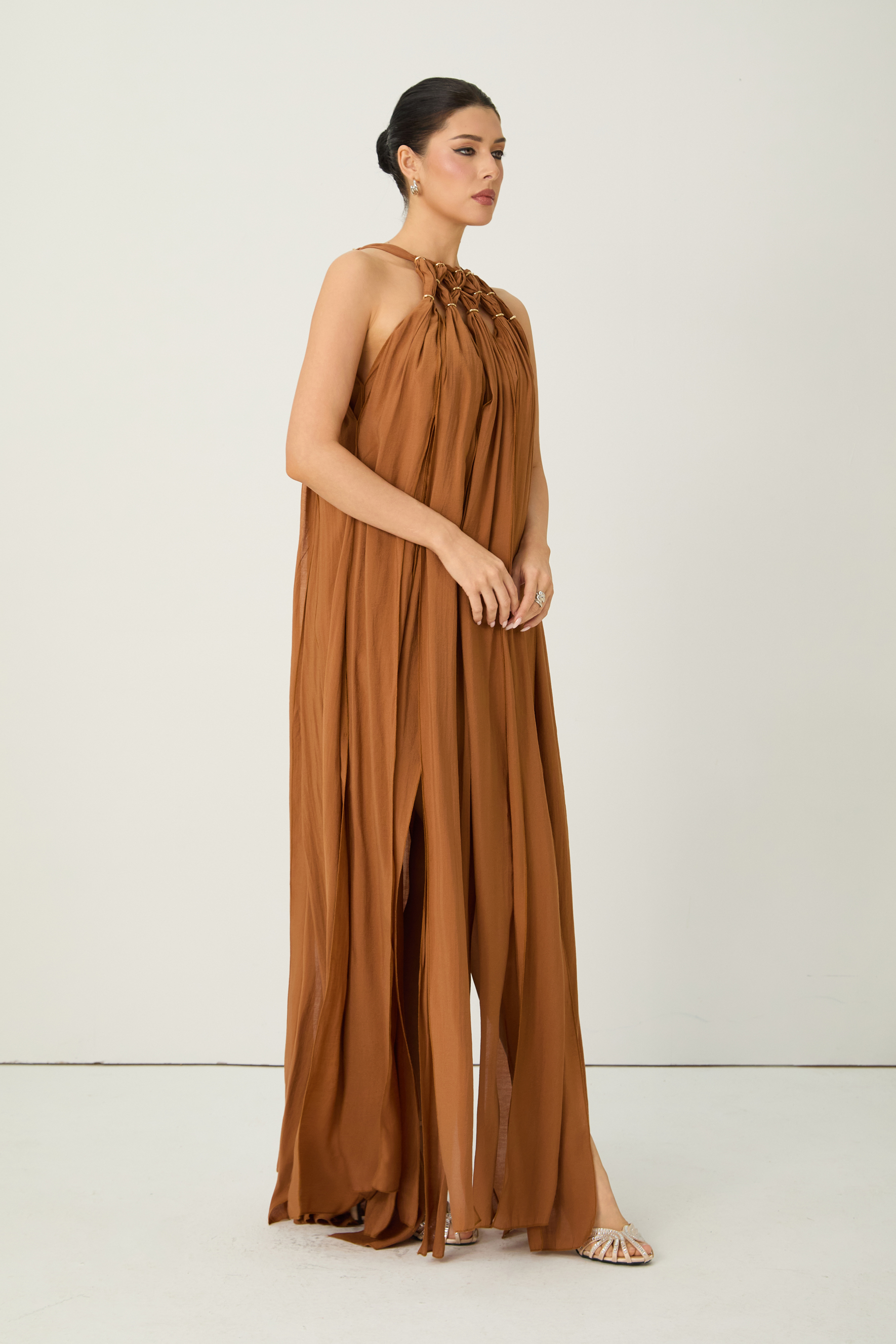 Style Unlocked Brown Knotted Draped Maxi Dress