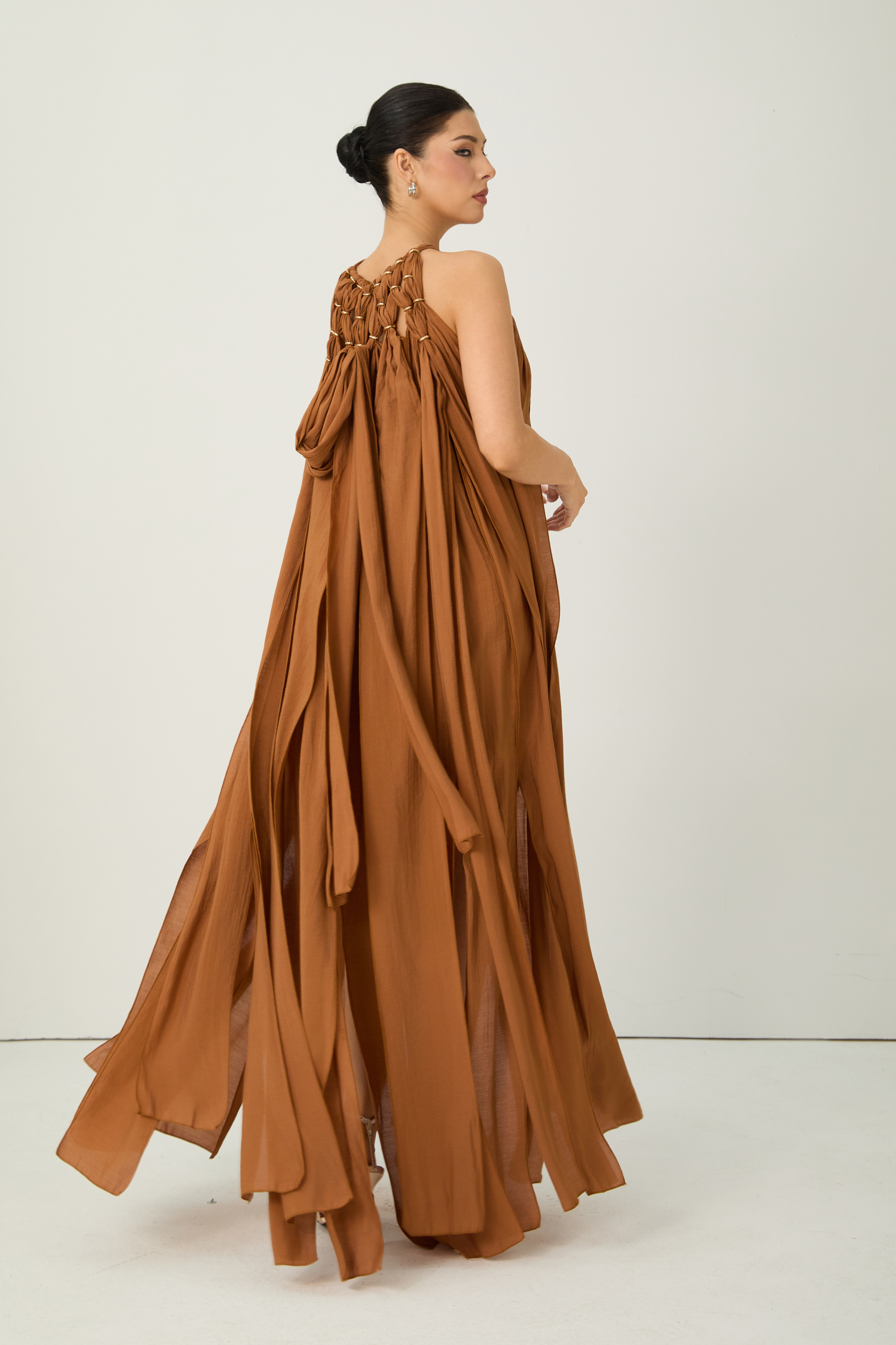 Style Unlocked Brown Knotted Draped Maxi Dress