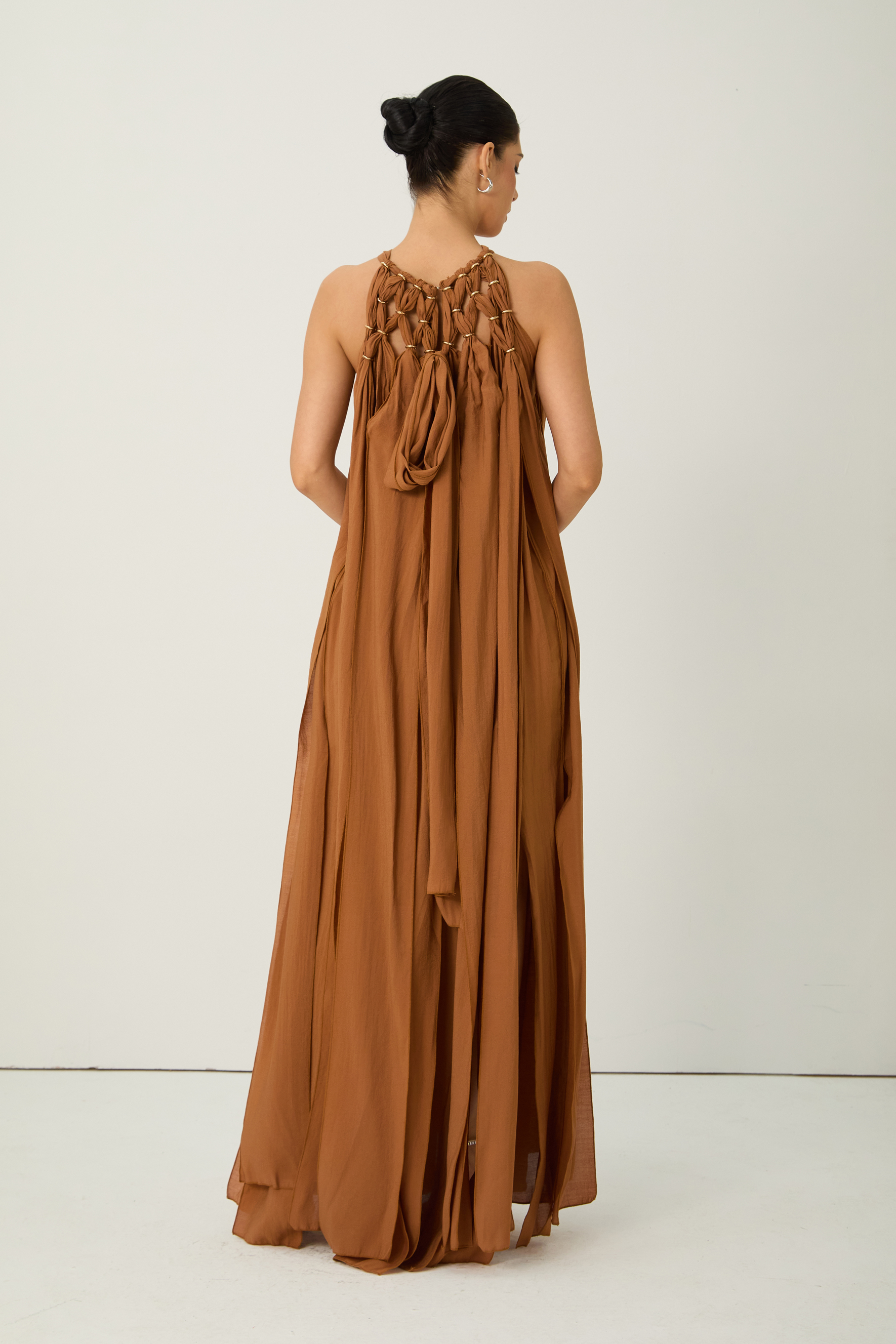 Style Unlocked Brown Knotted Draped Maxi Dress