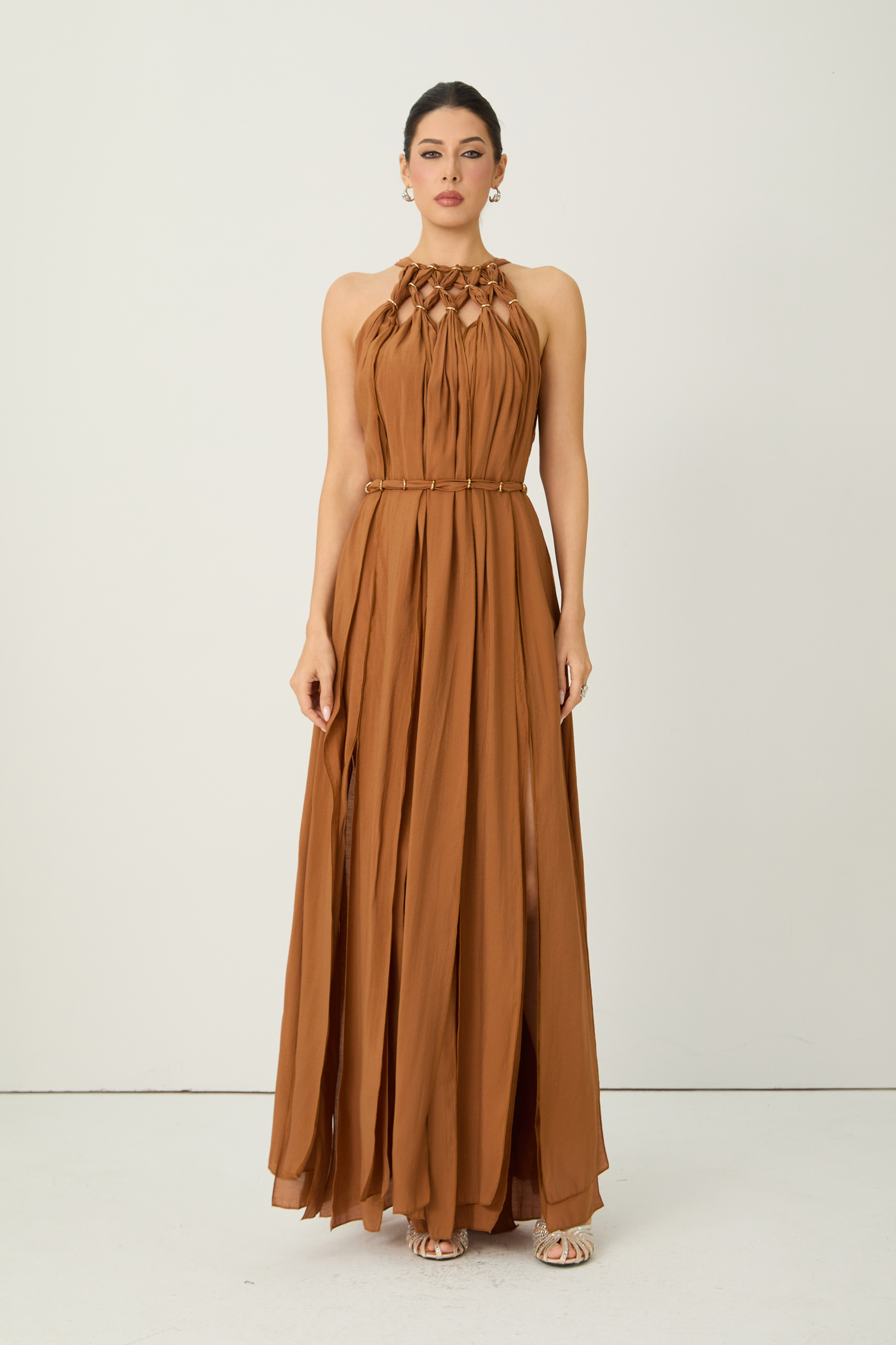 Style Unlocked Brown Knotted Draped Maxi Dress