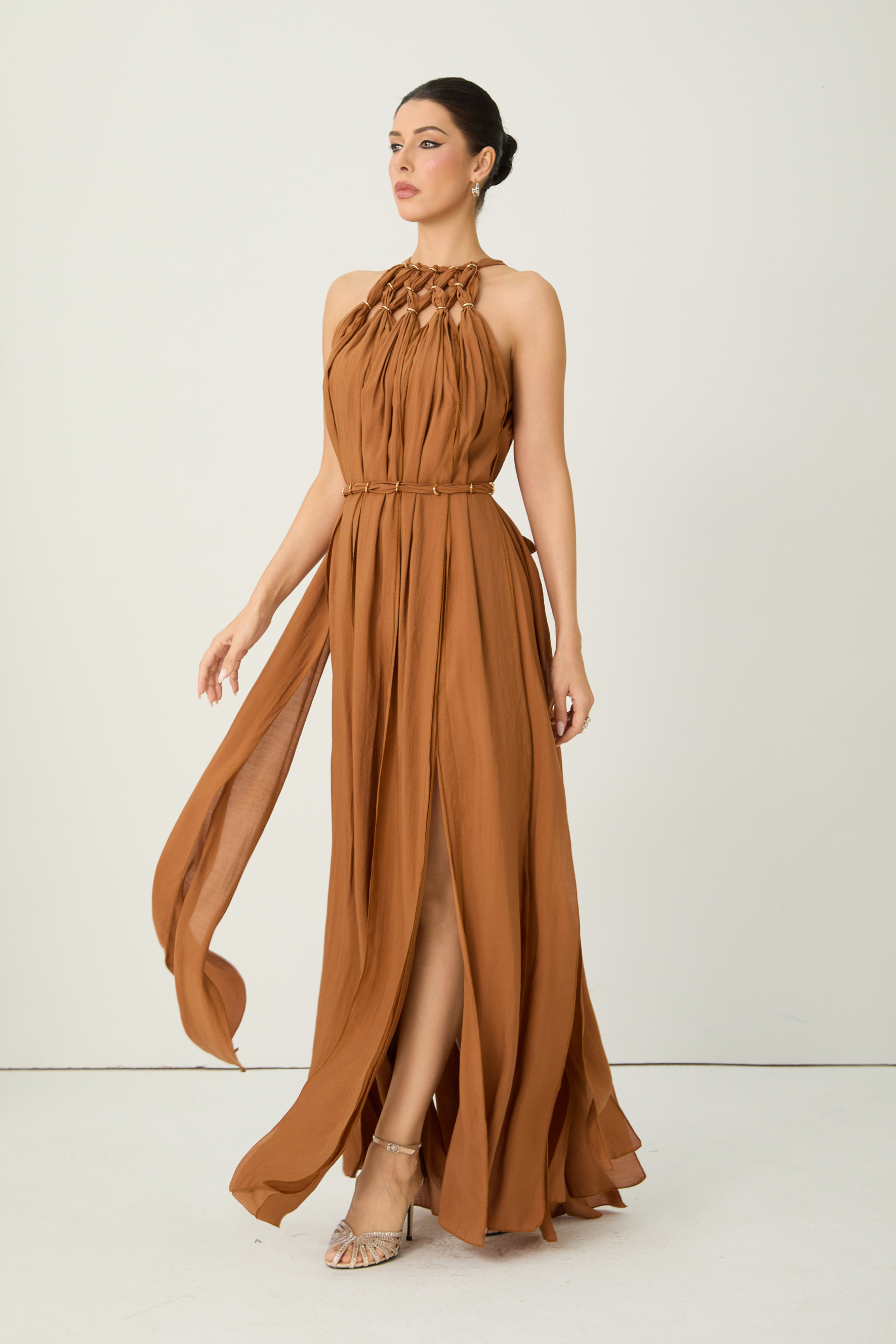 Style Unlocked Brown Knotted Draped Maxi Dress