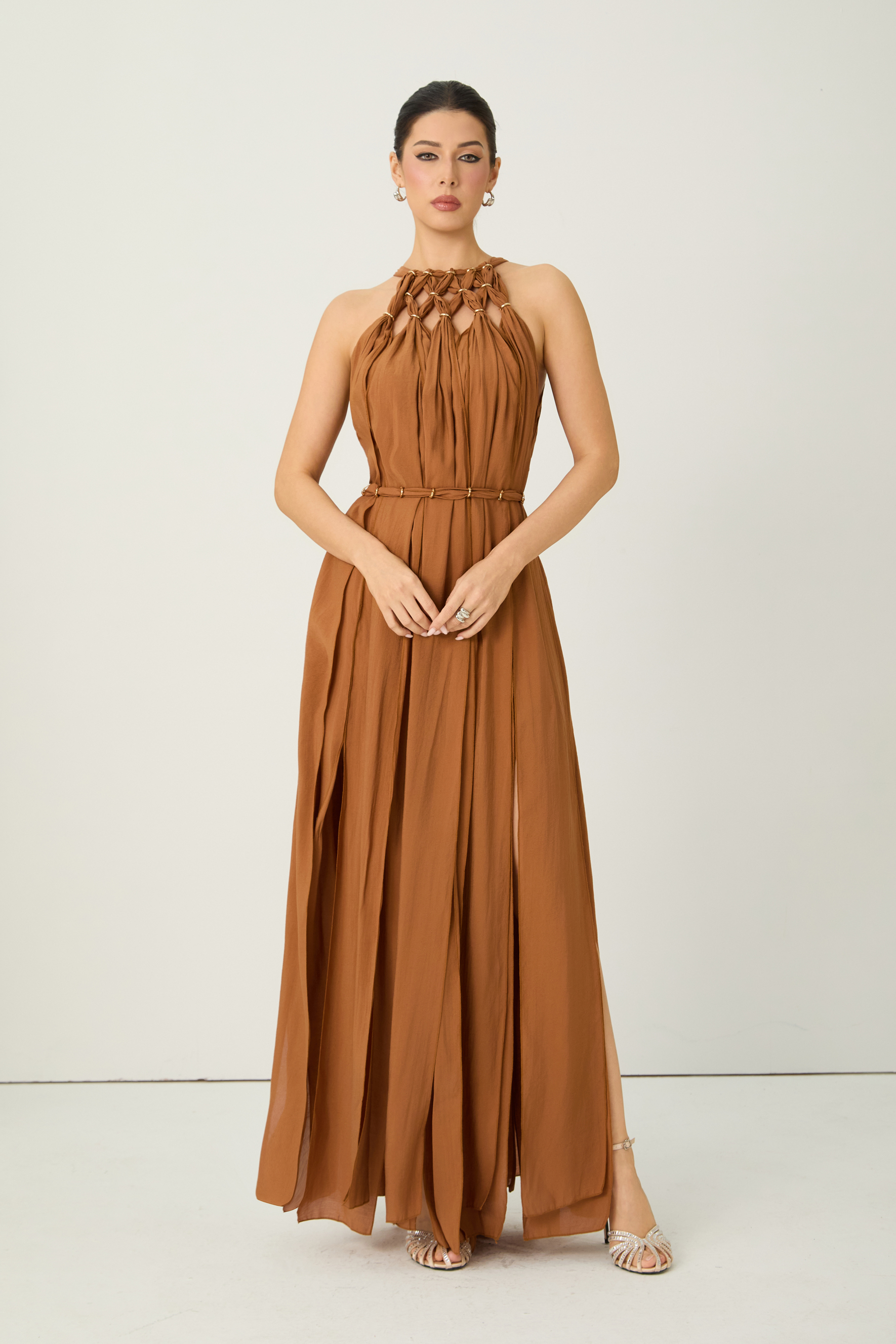 Style Unlocked Brown Knotted Draped Maxi Dress