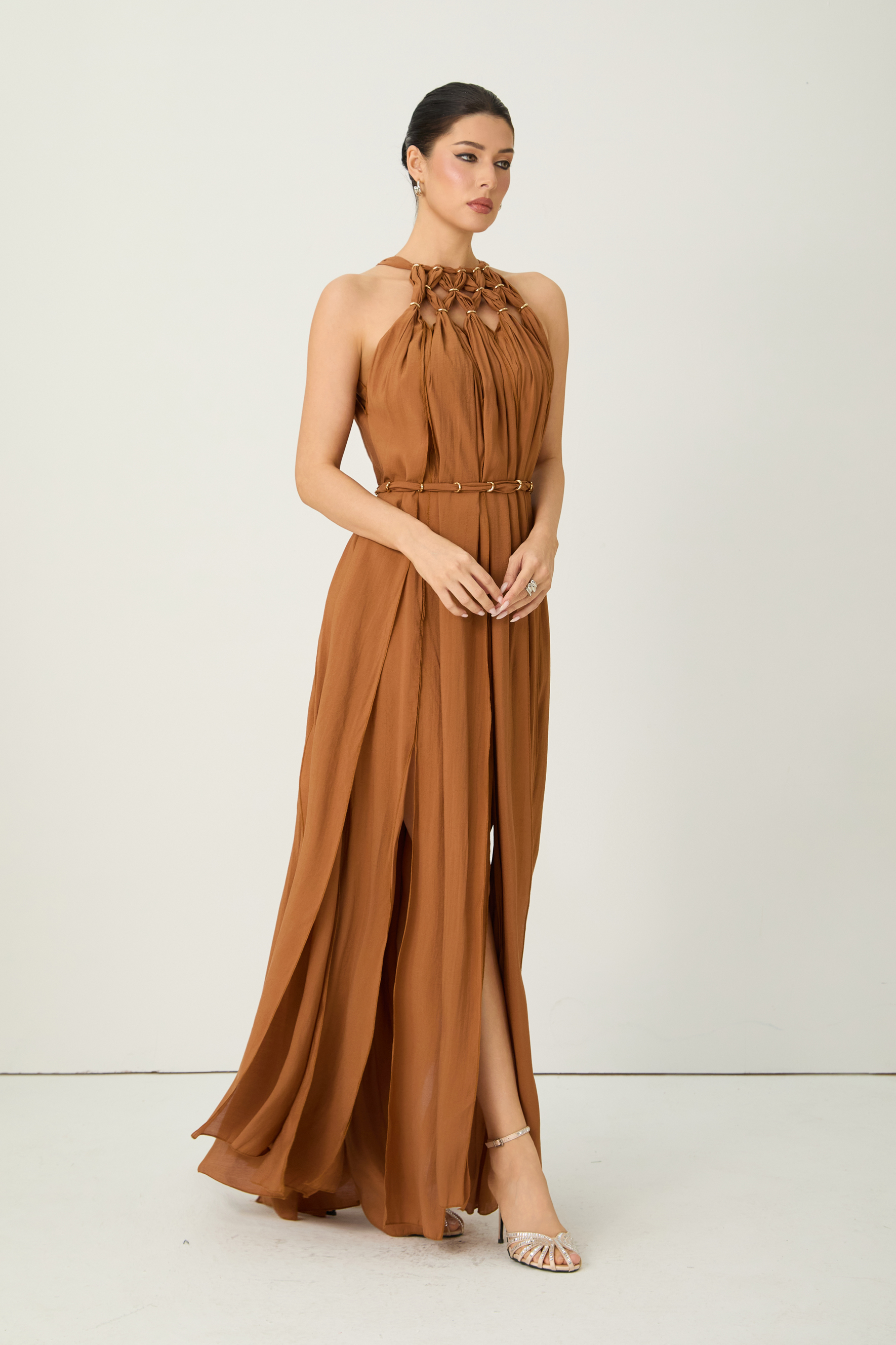 Style Unlocked Brown Knotted Draped Maxi Dress