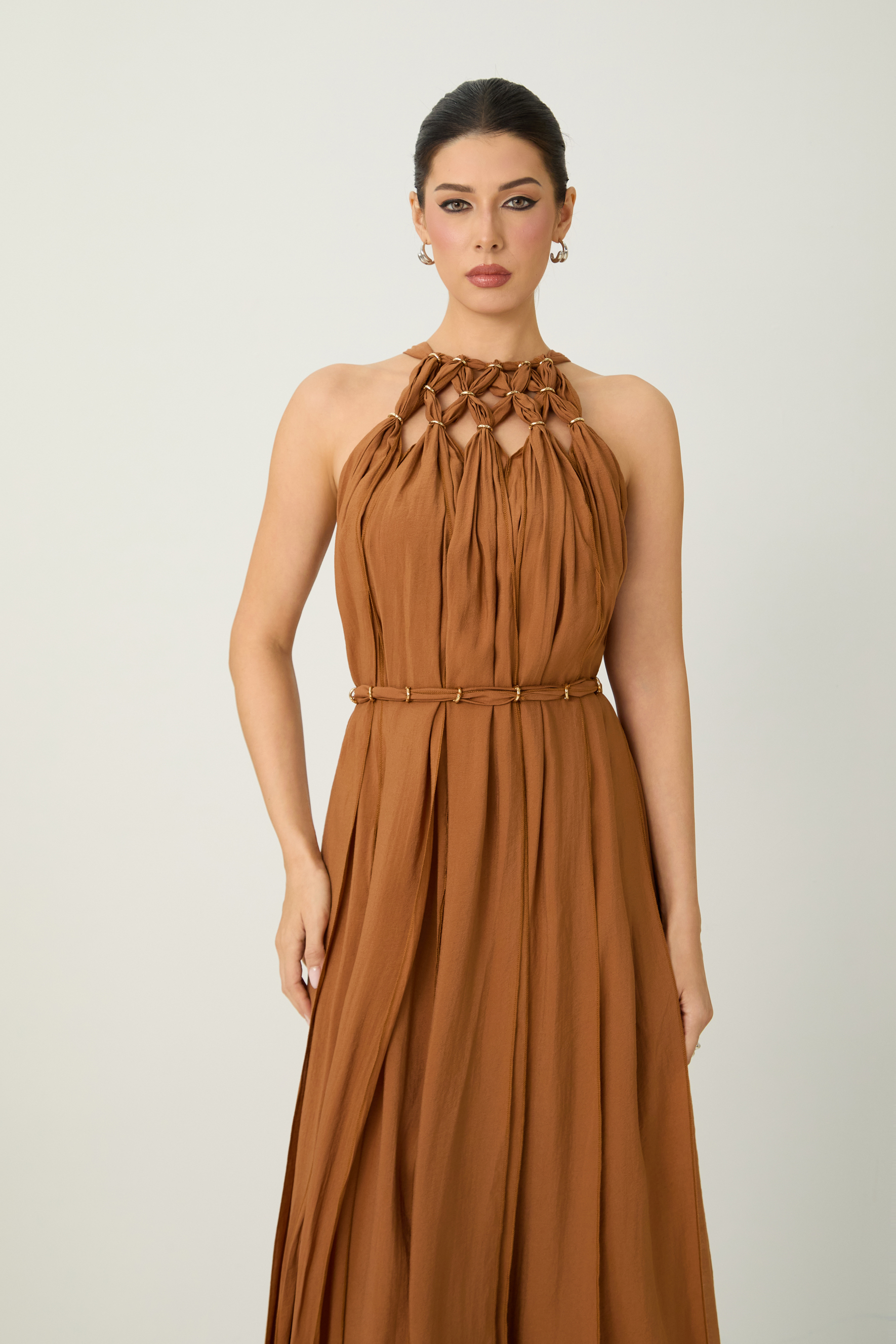 Style Unlocked Brown Knotted Draped Maxi Dress