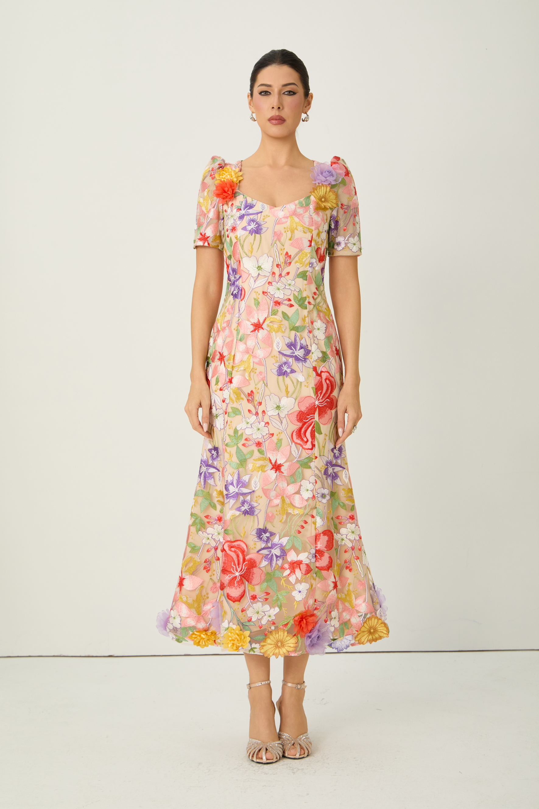Blossoming Energy Multi Floral Applique Short Sleeve Maxi Dress