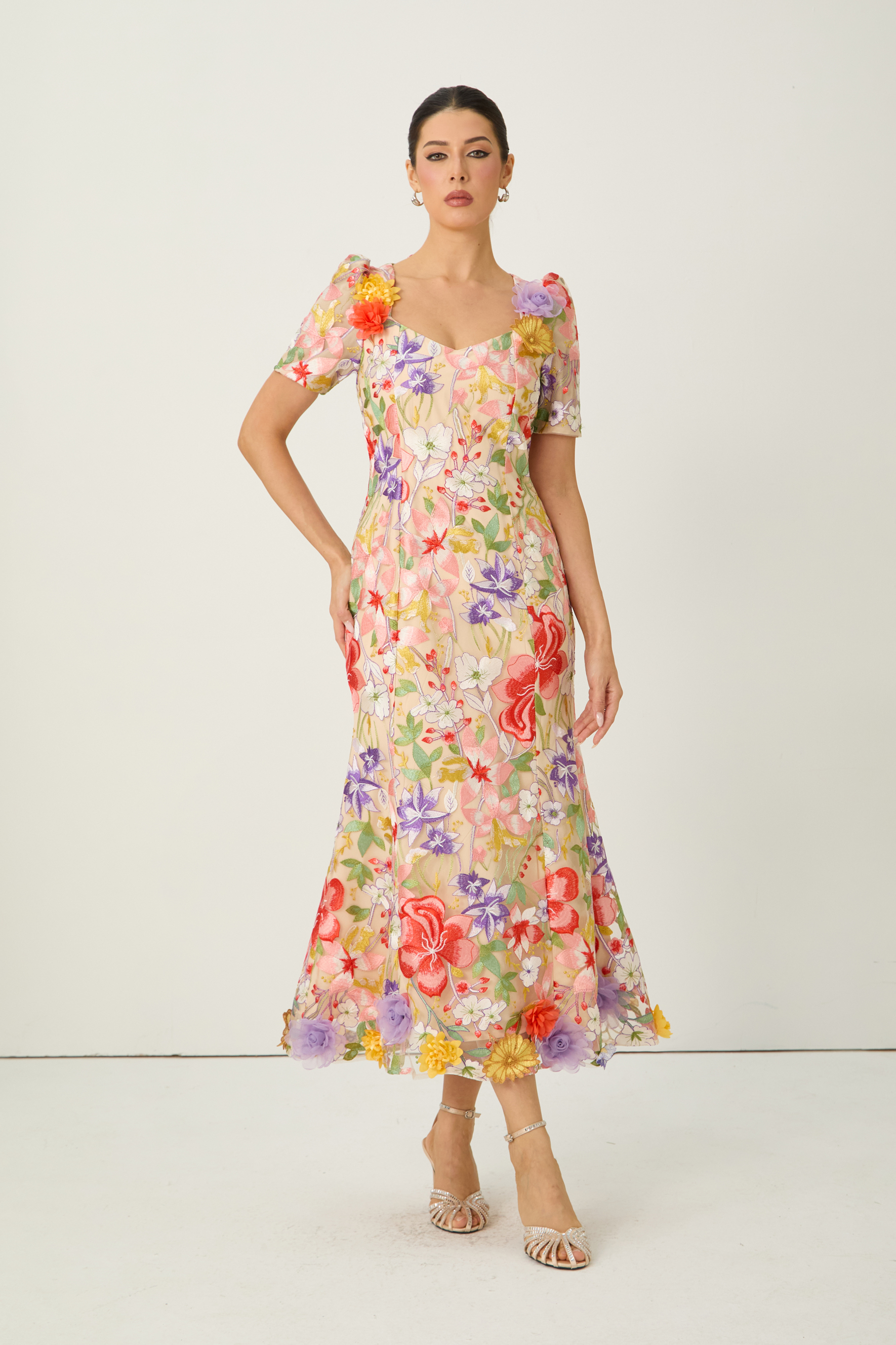 Blossoming Energy Multi Floral Applique Short Sleeve Maxi Dress