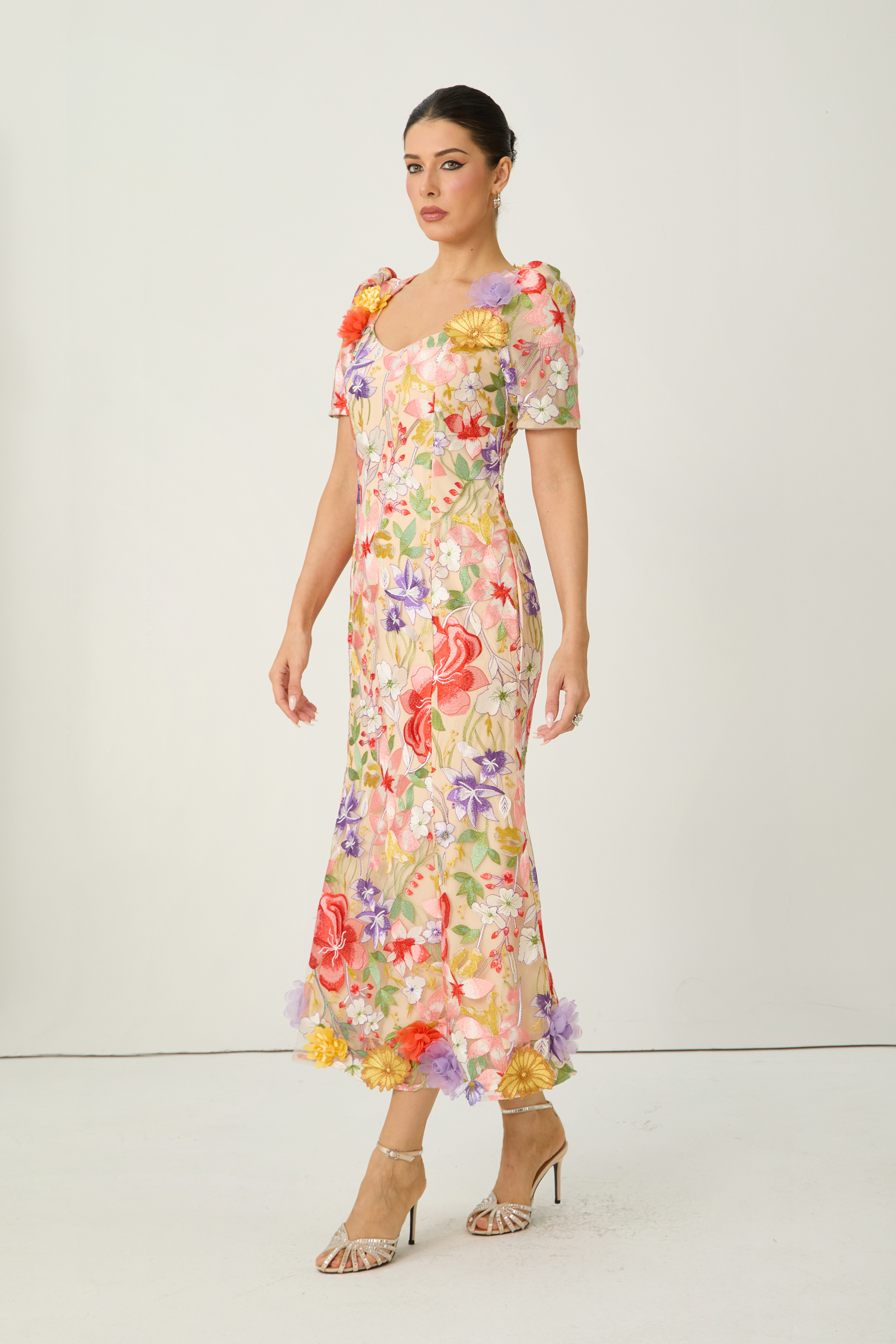 Blossoming Energy Multi Floral Applique Short Sleeve Maxi Dress