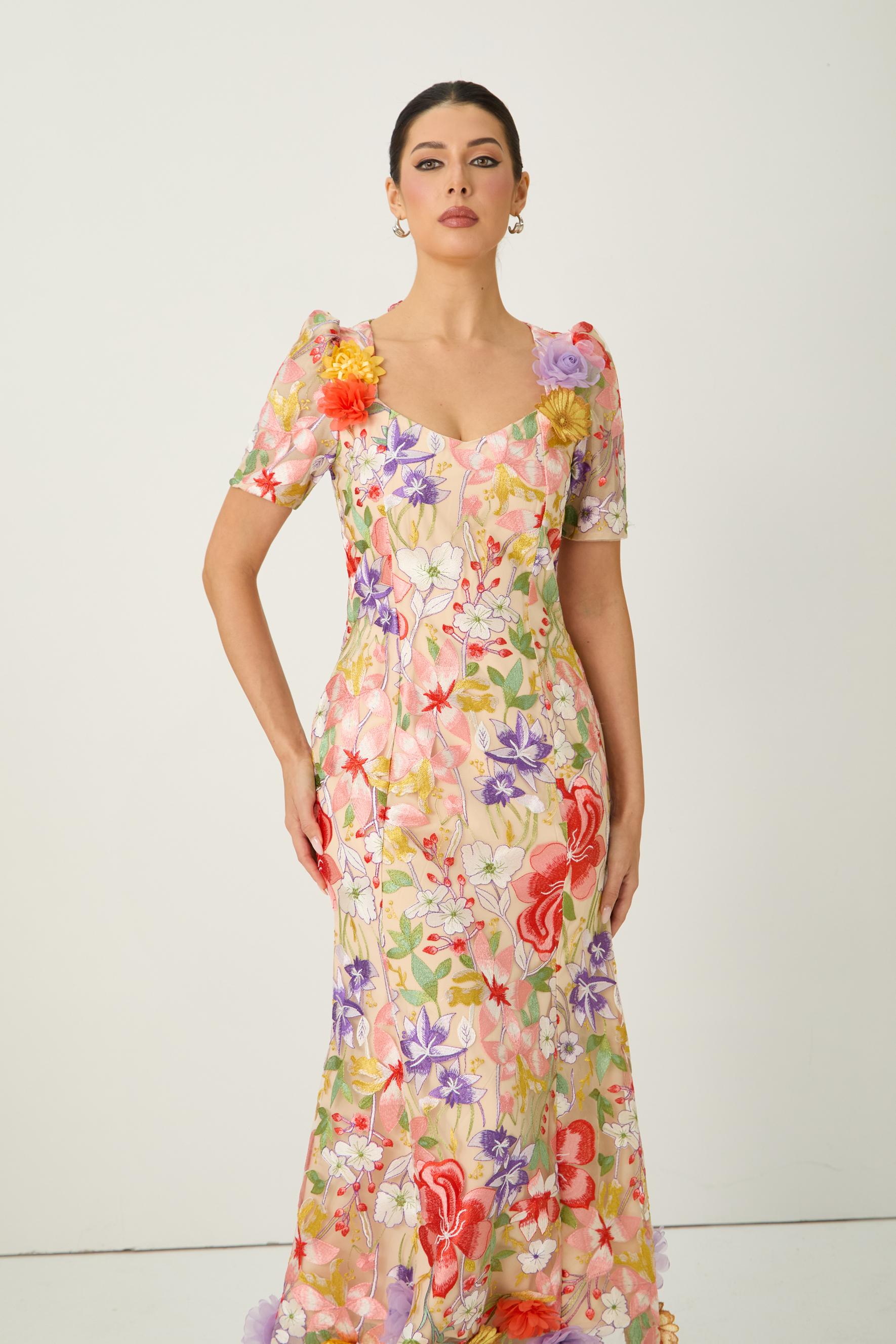 Blossoming Energy Multi Floral Applique Short Sleeve Maxi Dress