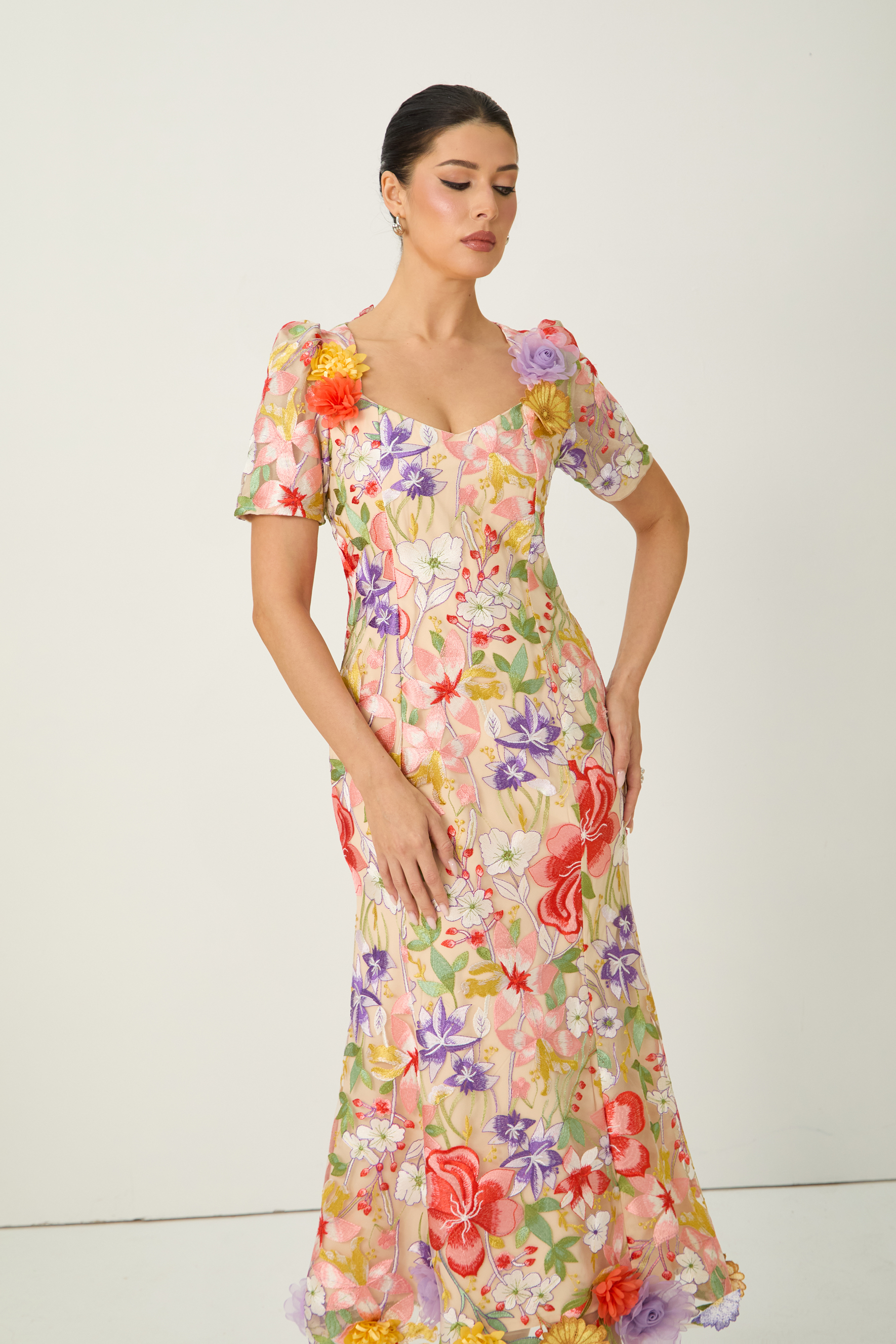 Blossoming Energy Multi Floral Applique Short Sleeve Maxi Dress