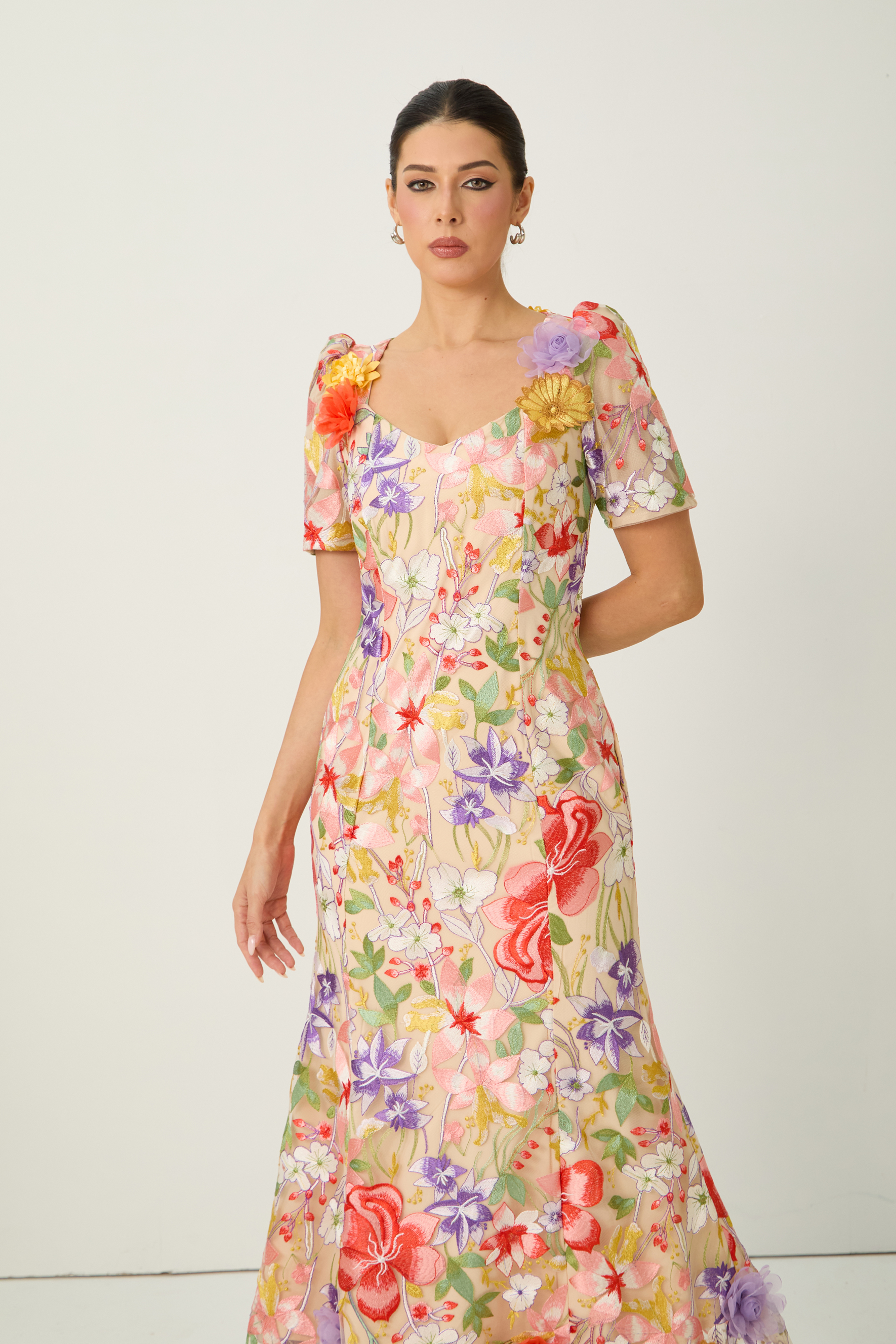 Blossoming Energy Multi Floral Applique Short Sleeve Maxi Dress