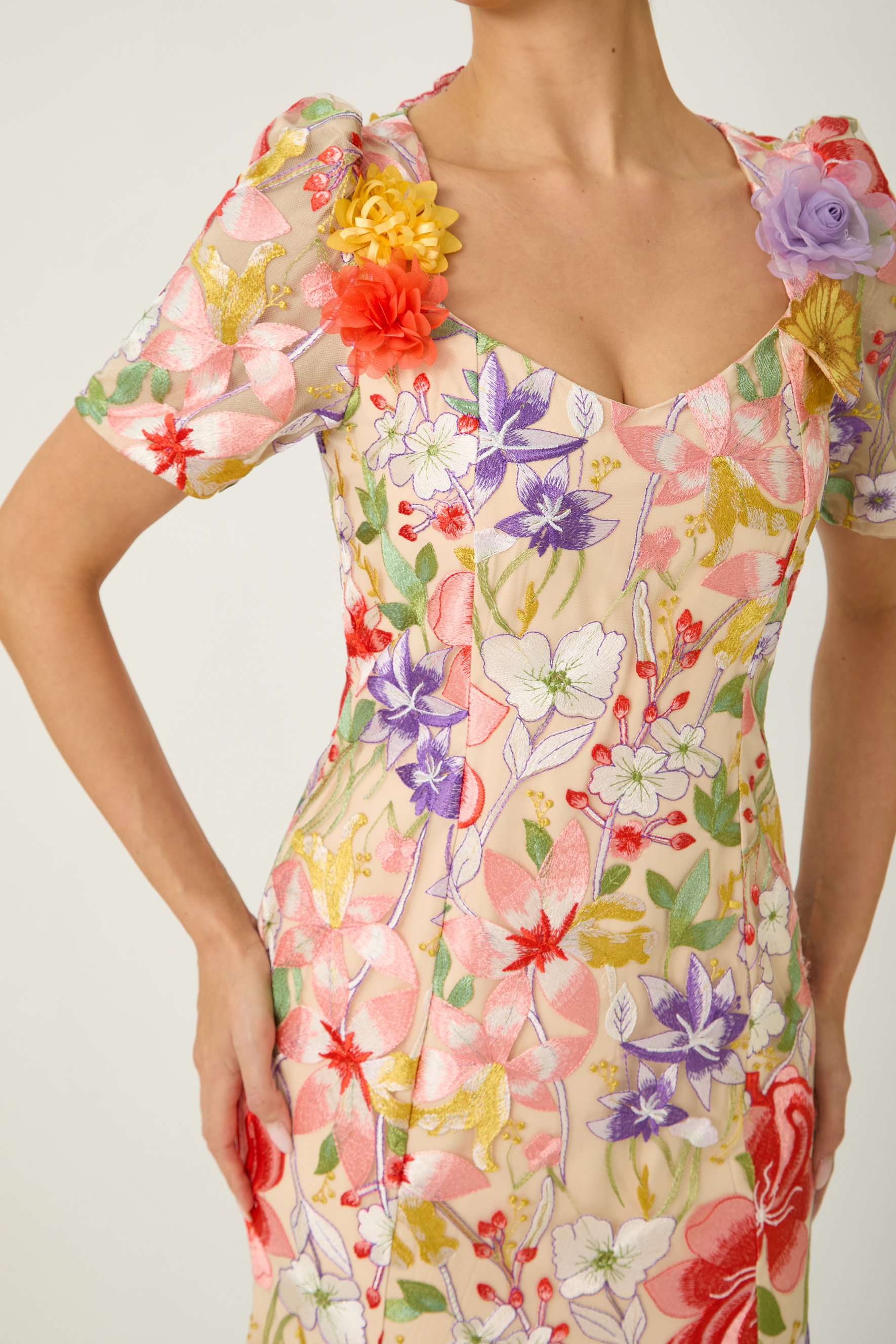Blossoming Energy Multi Floral Applique Short Sleeve Maxi Dress