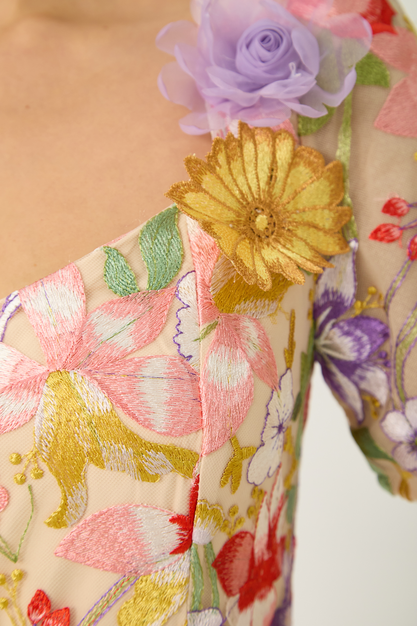 Blossoming Energy Multi Floral Applique Short Sleeve Maxi Dress