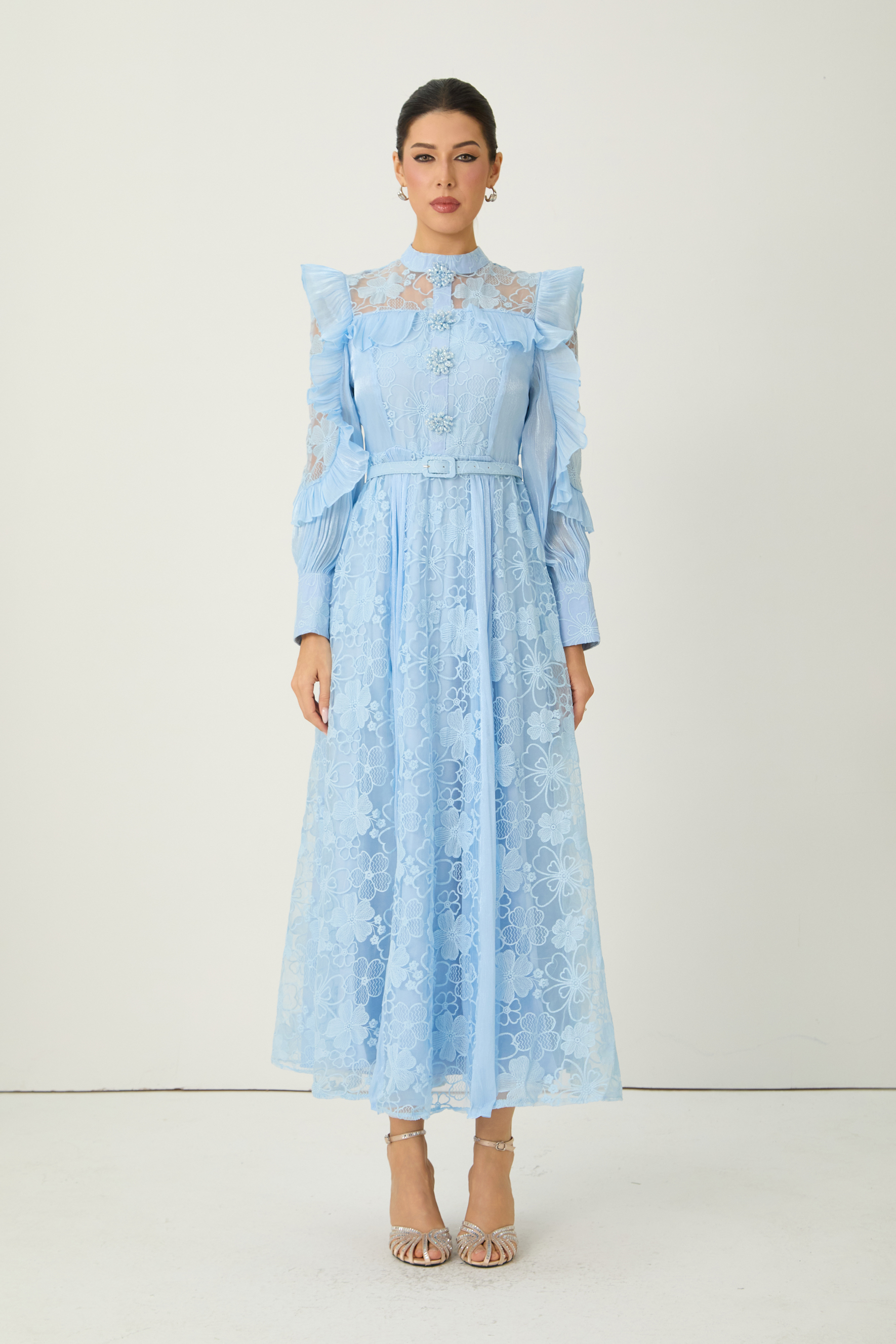 Dreamy Occasions Blue Floral Embroidered Ruffle Sleeve Maxi Dress